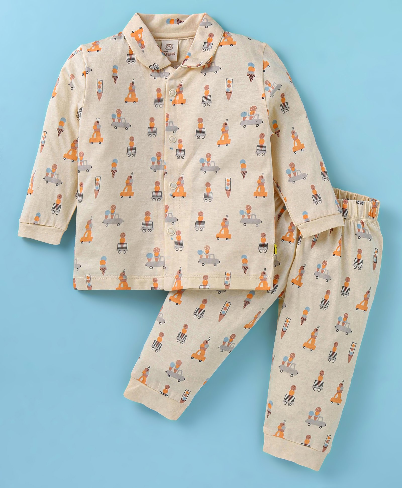 Mini Taurus Interlock Knit Full Sleeves Front Open Night Suit with Ice Cream Print - Tan-image-32