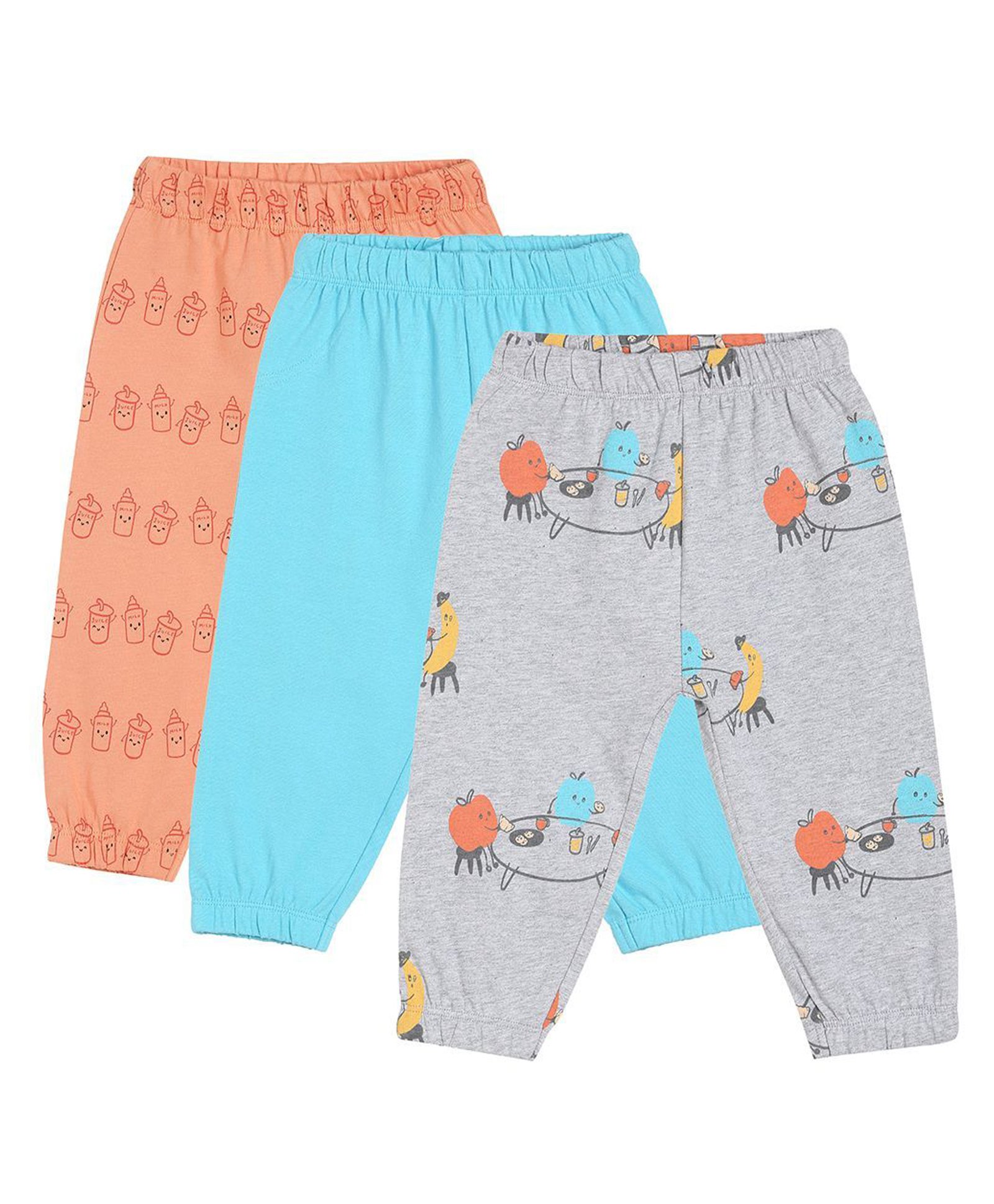 MINI KLUB Cotton Pack Of 3 Solid & Orange Printed Pants - Grey & Blue-picture-19