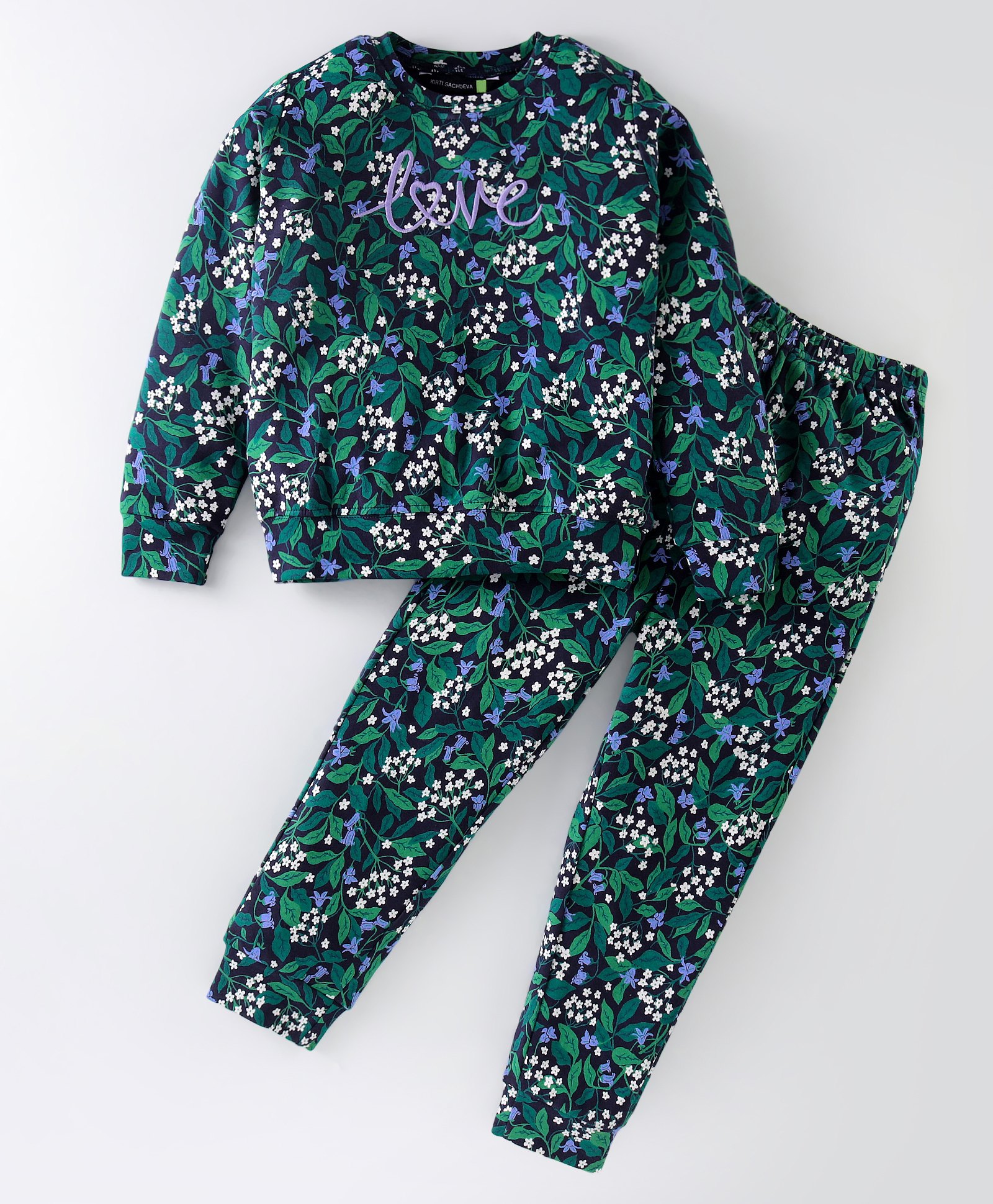 Tiara Interlock Full Sleeves Floral Printed  Love Text Embroidered Coordinating Top With Joggers - Green-picture-17