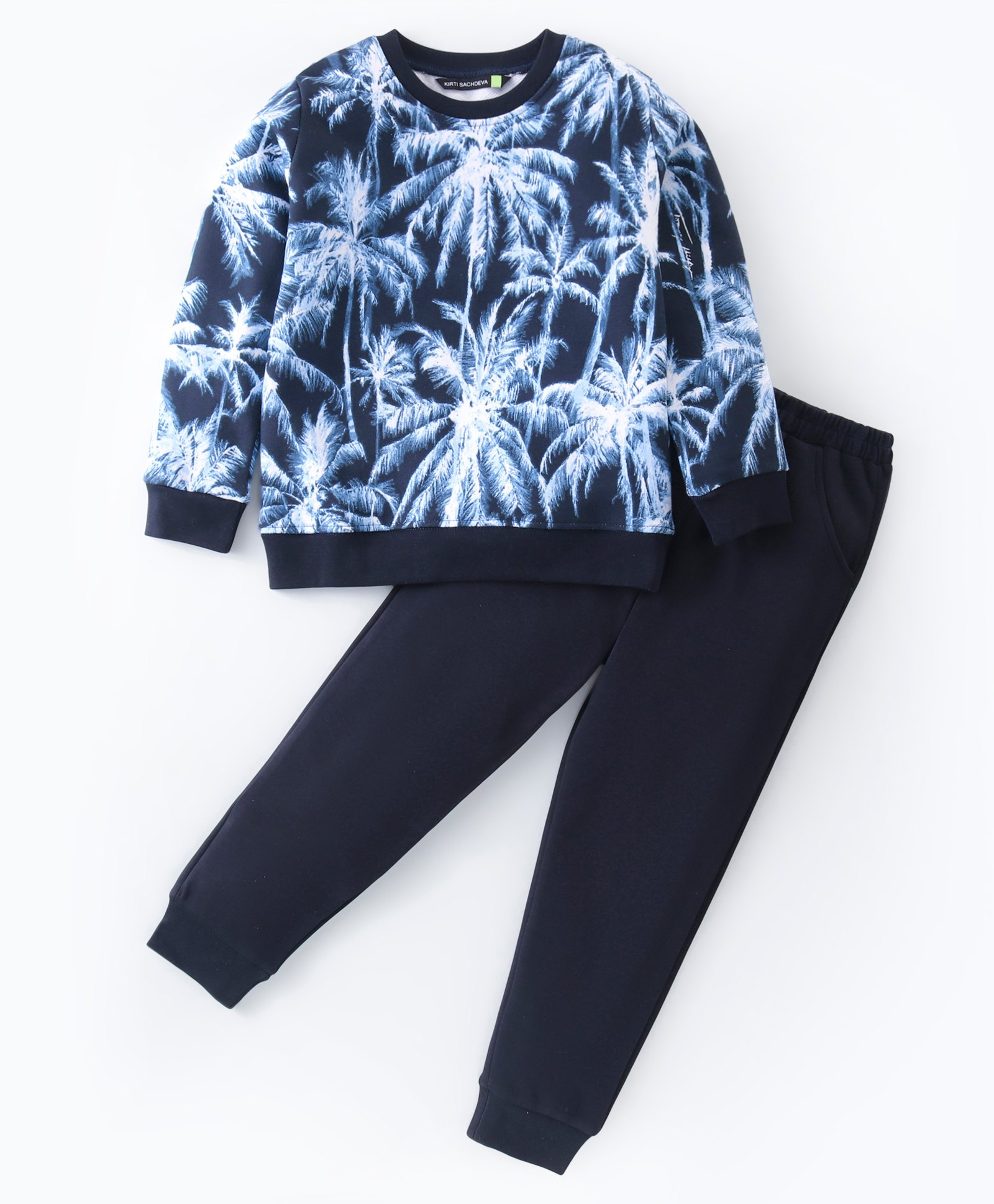 Tiara Fleece Full Sleeves Palm Tree Printed Sweatshirt With Pant - Navy Blue-picture-14