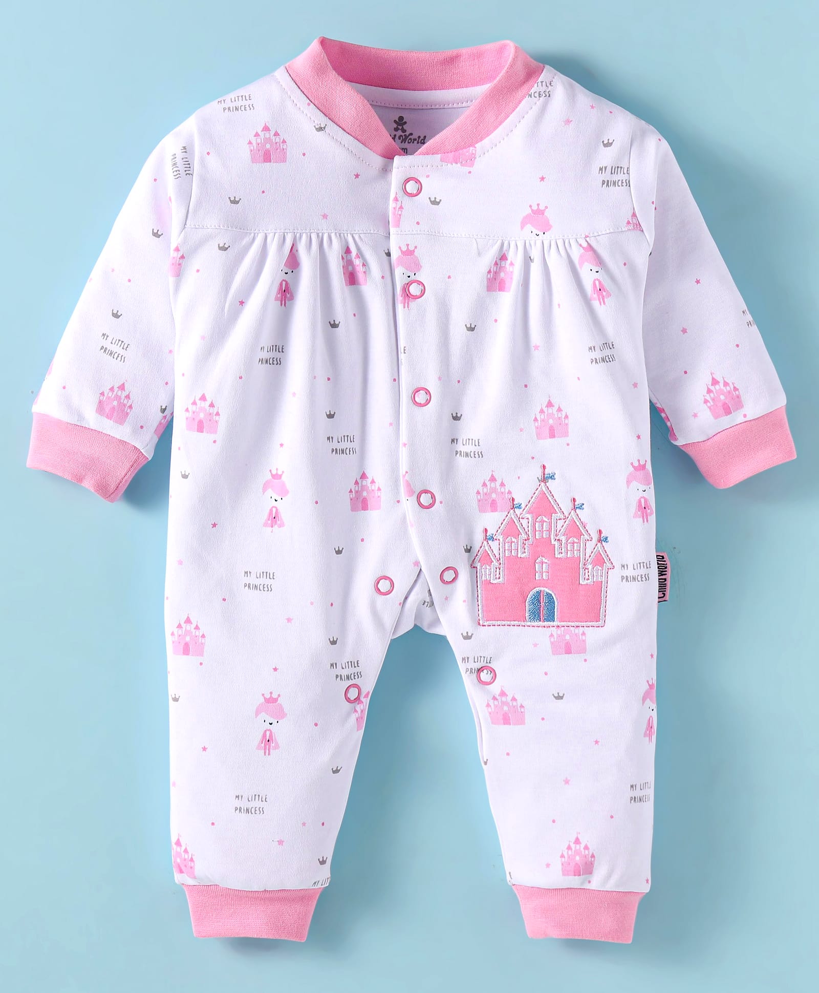 Child World Interlock Knit Full Sleeves Romper With Princess Print - Pink & White-picture-12