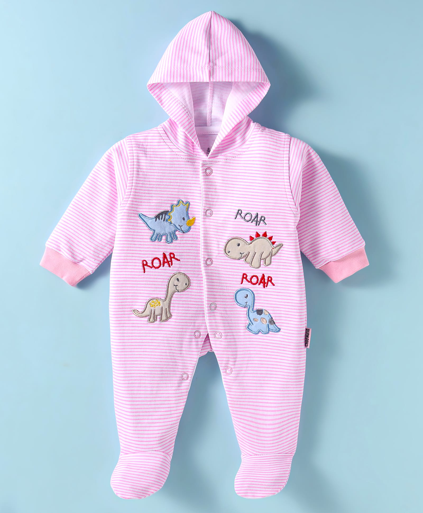 Child World Interlock Knit Full Sleeves Hooded Striped Dino Embroidered Footed Sleep Suit - Pink-picture-12