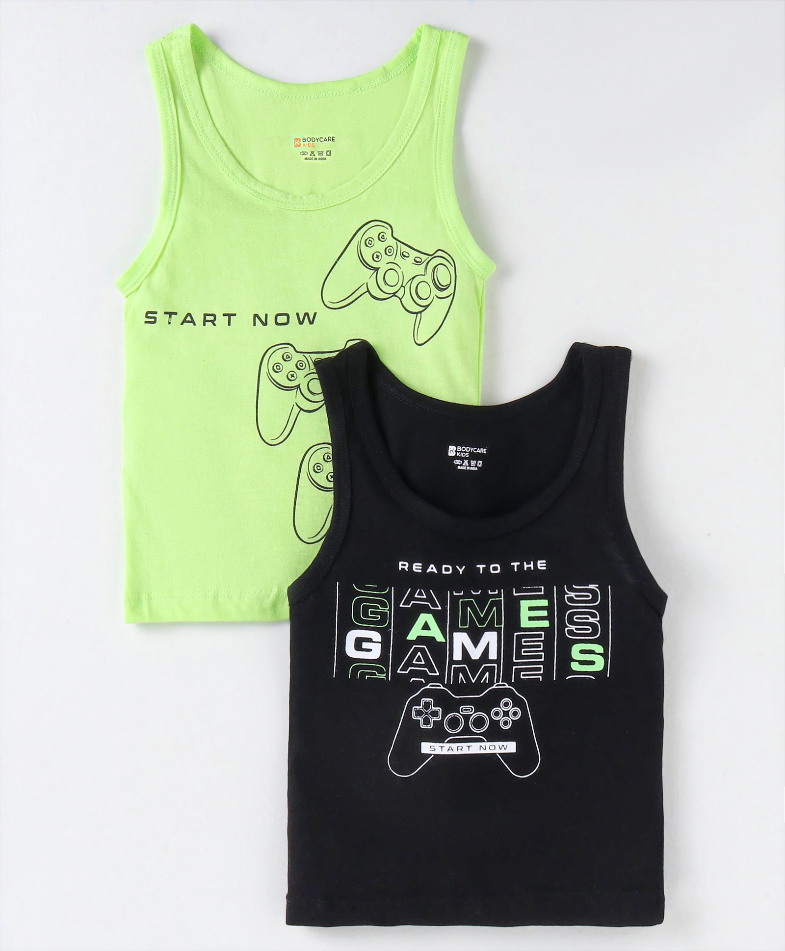 Bodycare Cotton Knit Sleeveless Vests With Text Print Pack of 2 - Black & Lime Green-picture-22