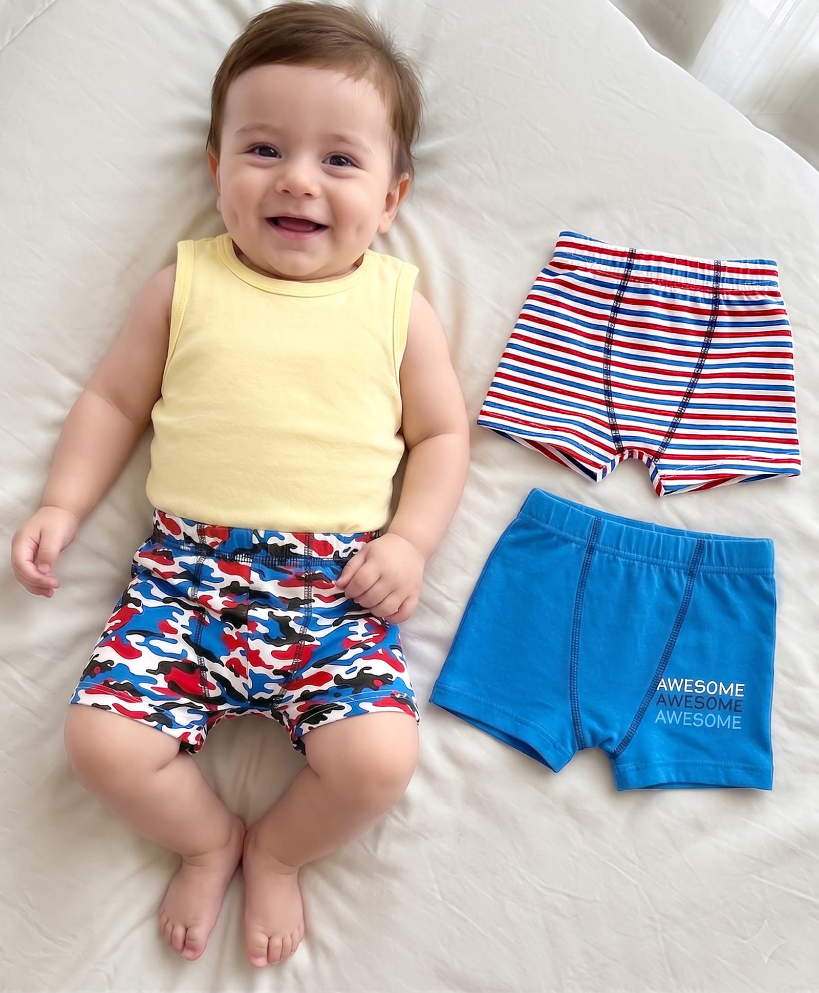Bodycare Cotton Knit Trunks With Stripes & Text Print Pack of 3 -Blue & White-image-5