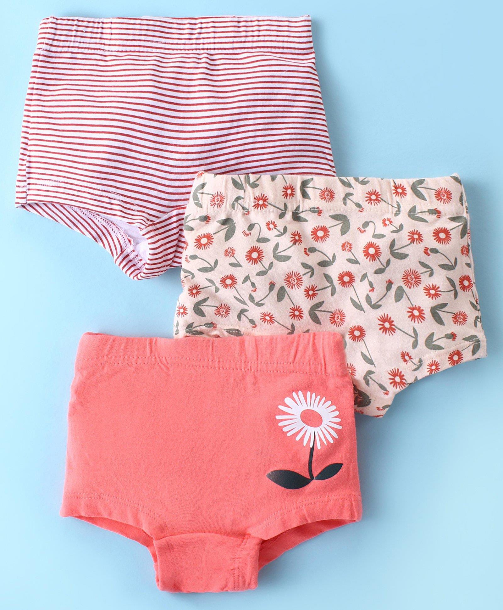 Bodycare Cotton Knit Hipster Shorts with Striped & Floral Print Pack of 3 - Peach & White-image-46