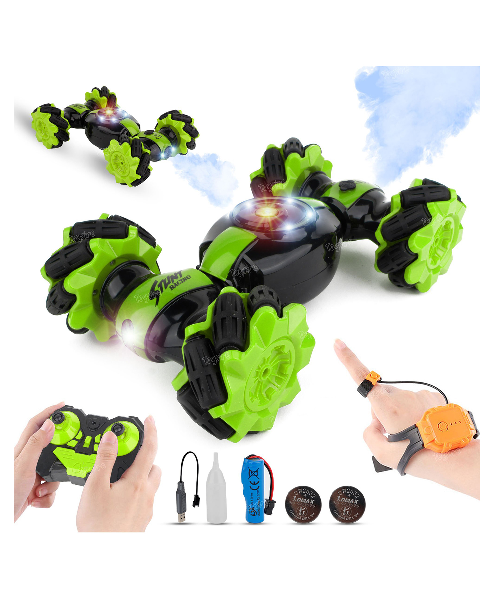 Toysire Remote Control Car Rechargeable RC Cars Stunt Car Double Sided Swing Arm 360° Flips Rotating 4WD Dance Car Toy(Green)-image-35