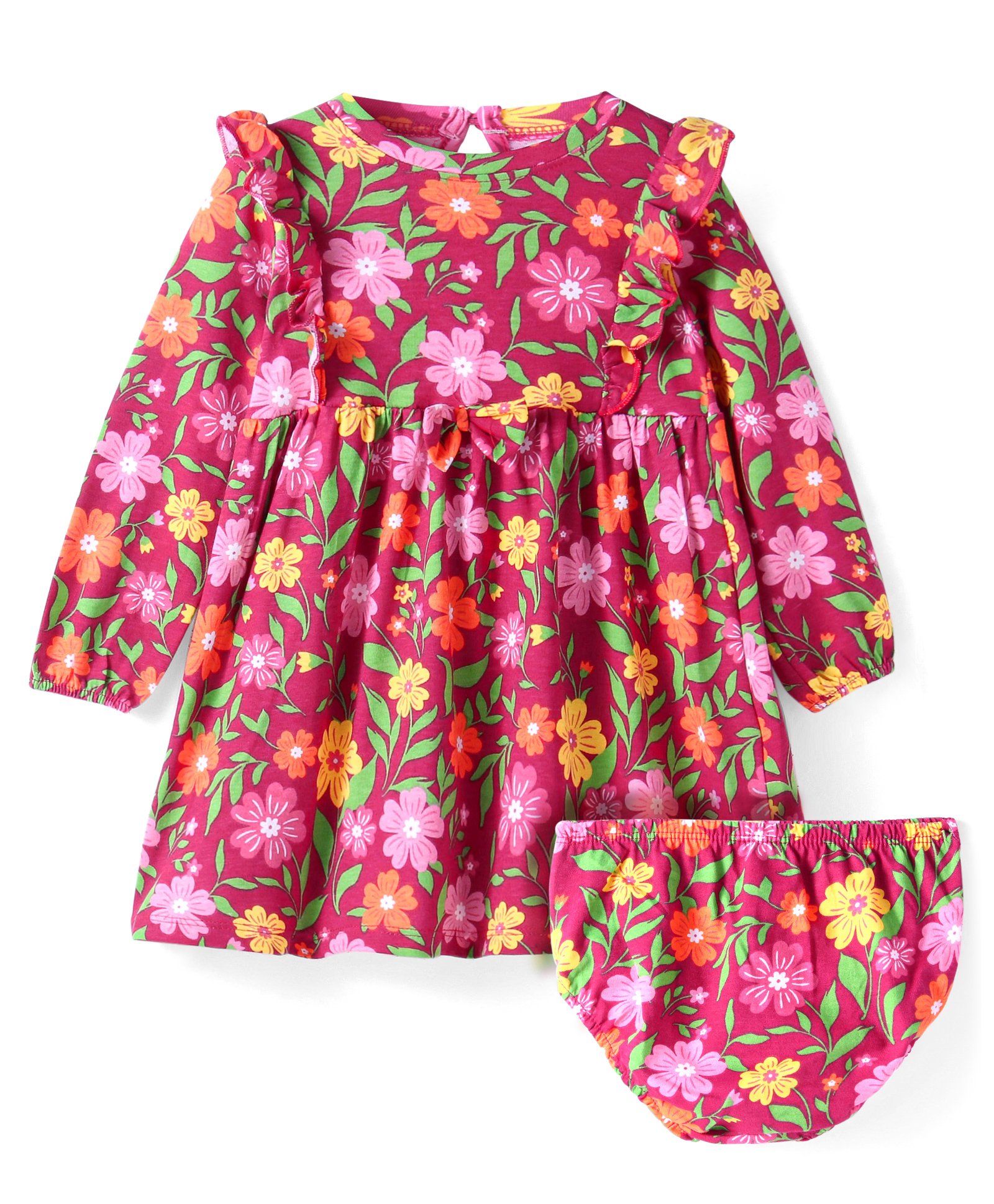 Babyhug Single Jersey Knit Full Sleeves Frill Detailing Frock with Bloomer Floral Print - Maroon-picture-29