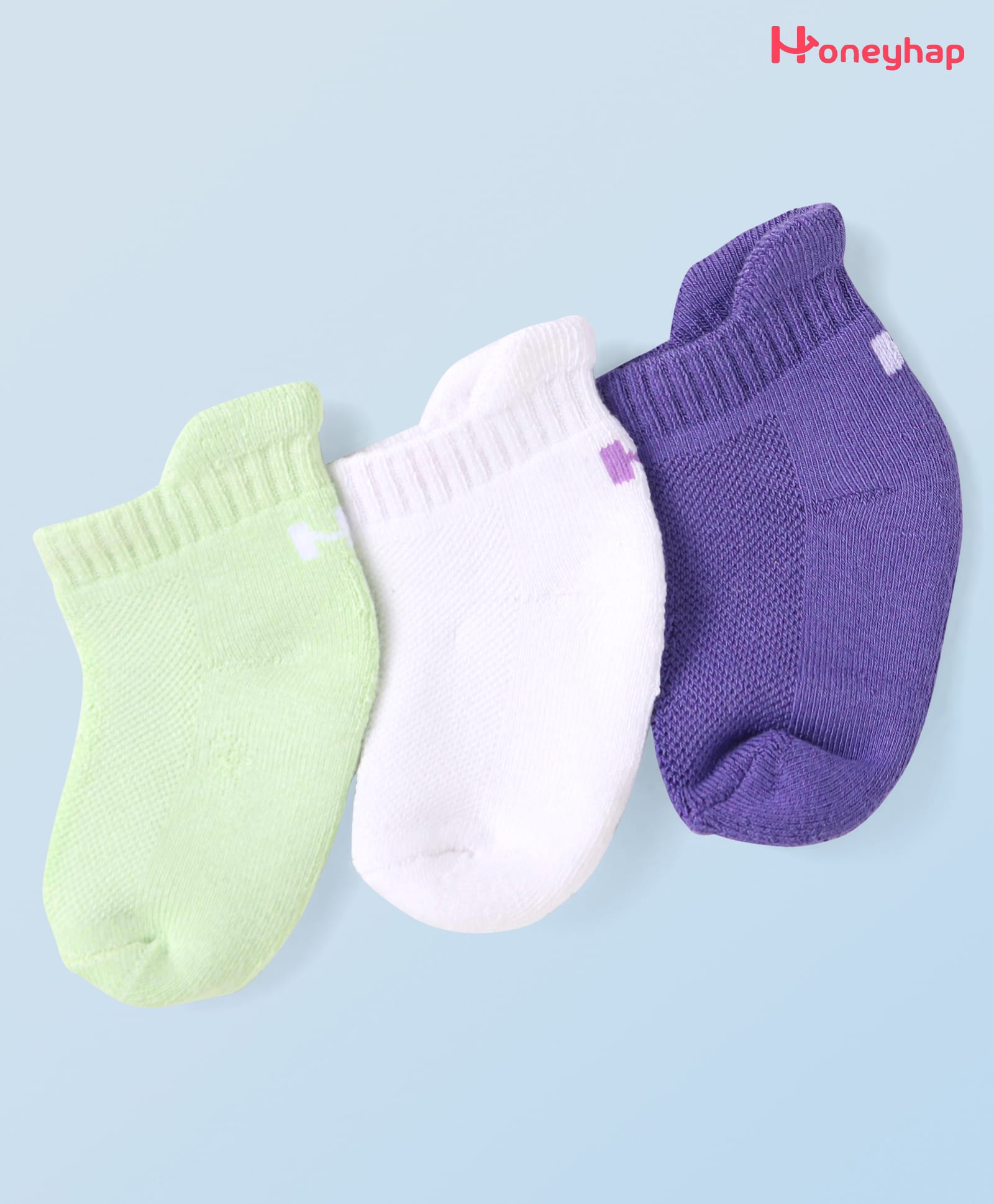 Honeyhap Cotton Knit Ankle Length Socks Pack of 3 - Green Glow Bright White & Purple Opulence-image-24