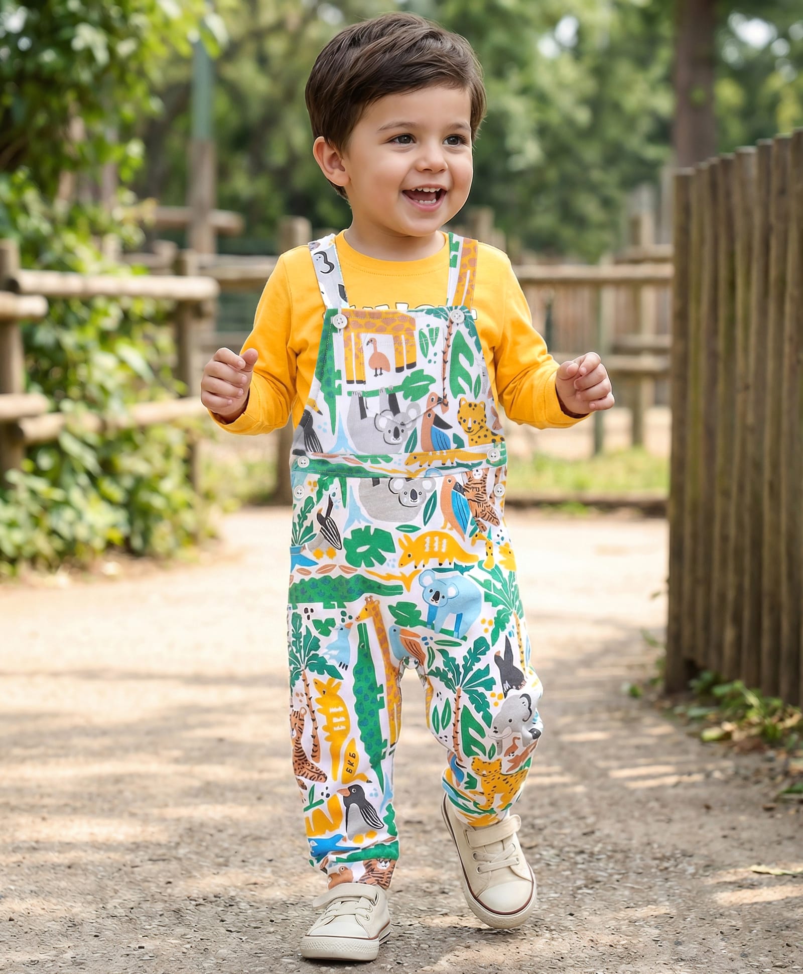 Babyhug Cotton Knit Koala Bear Printed Dungaree with Full Sleeves T-Shirt - Yellow & White-picture-24