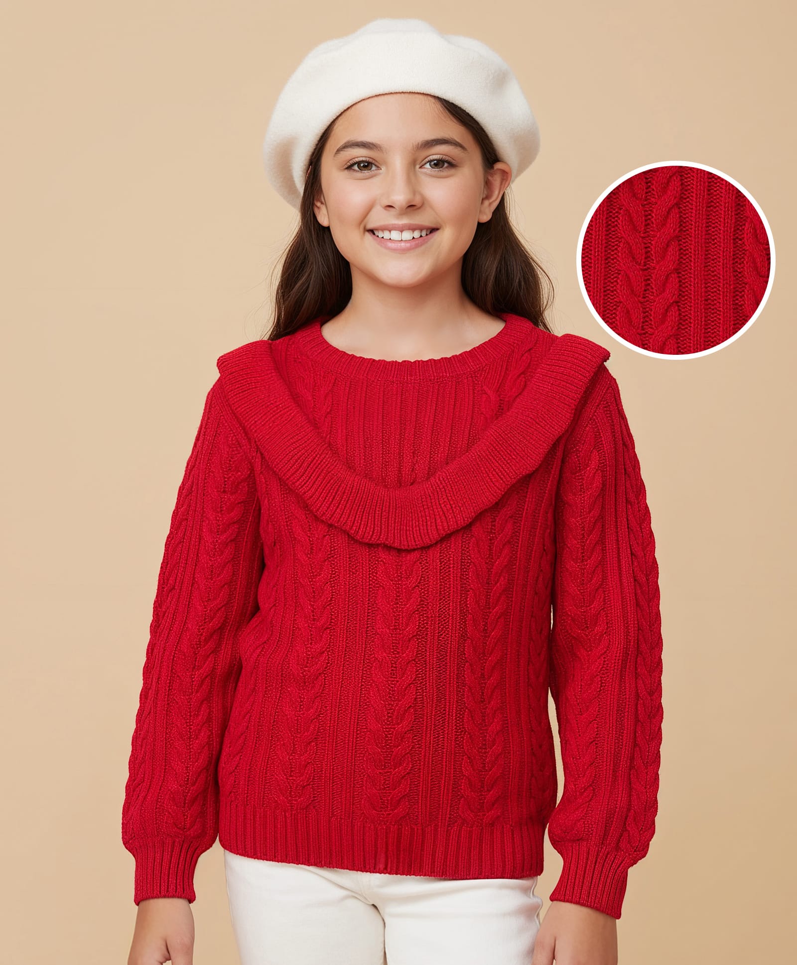 Pine Kids Knitted Full Sleeves Pullover Sweater with Cable Knit Design & Frill Detailing - Red-picture-39