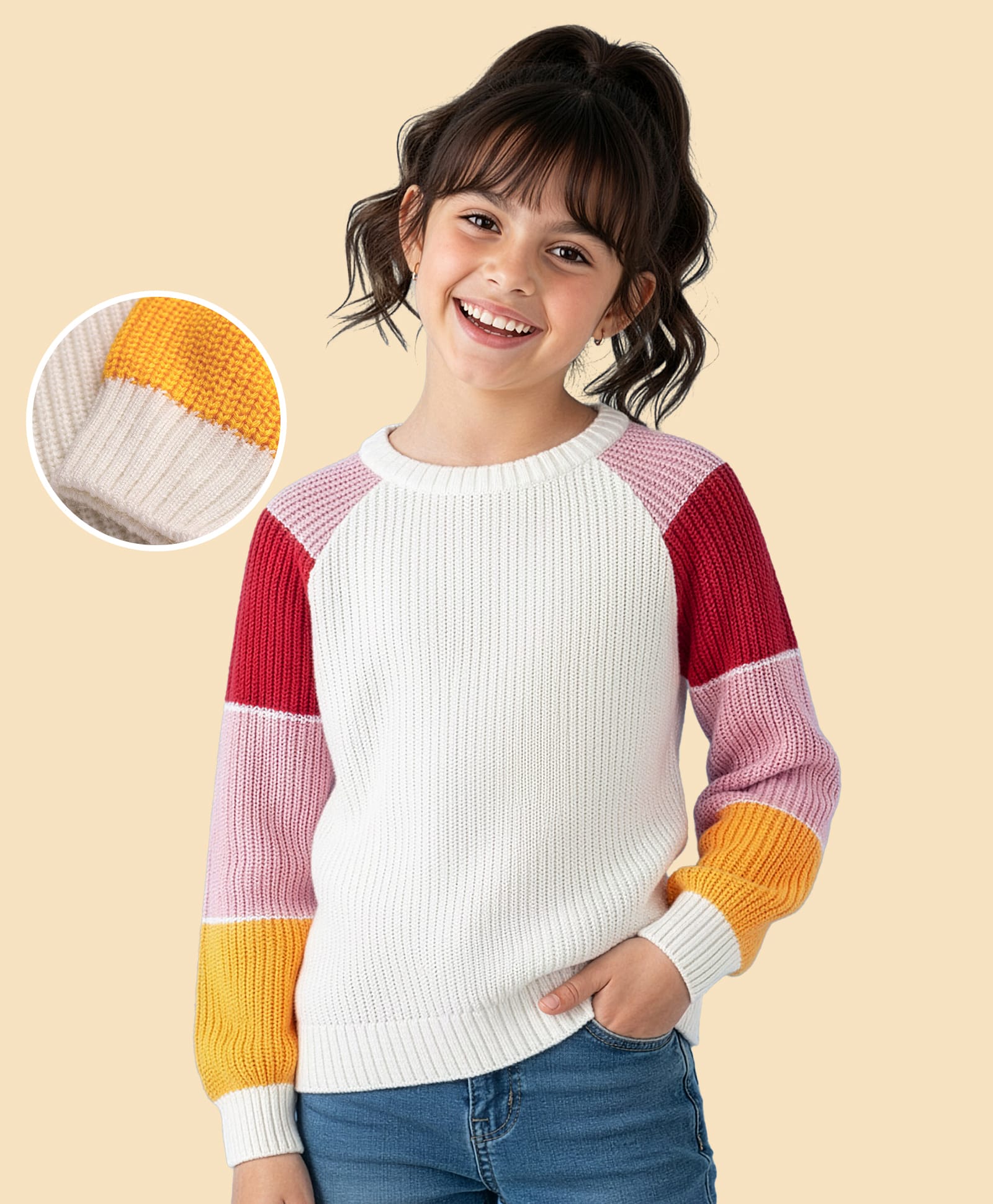 Pine Kids Knitted Full Raglan Sleeves Colour Block Print Pullover Sweater - White Red & Pink-picture-21