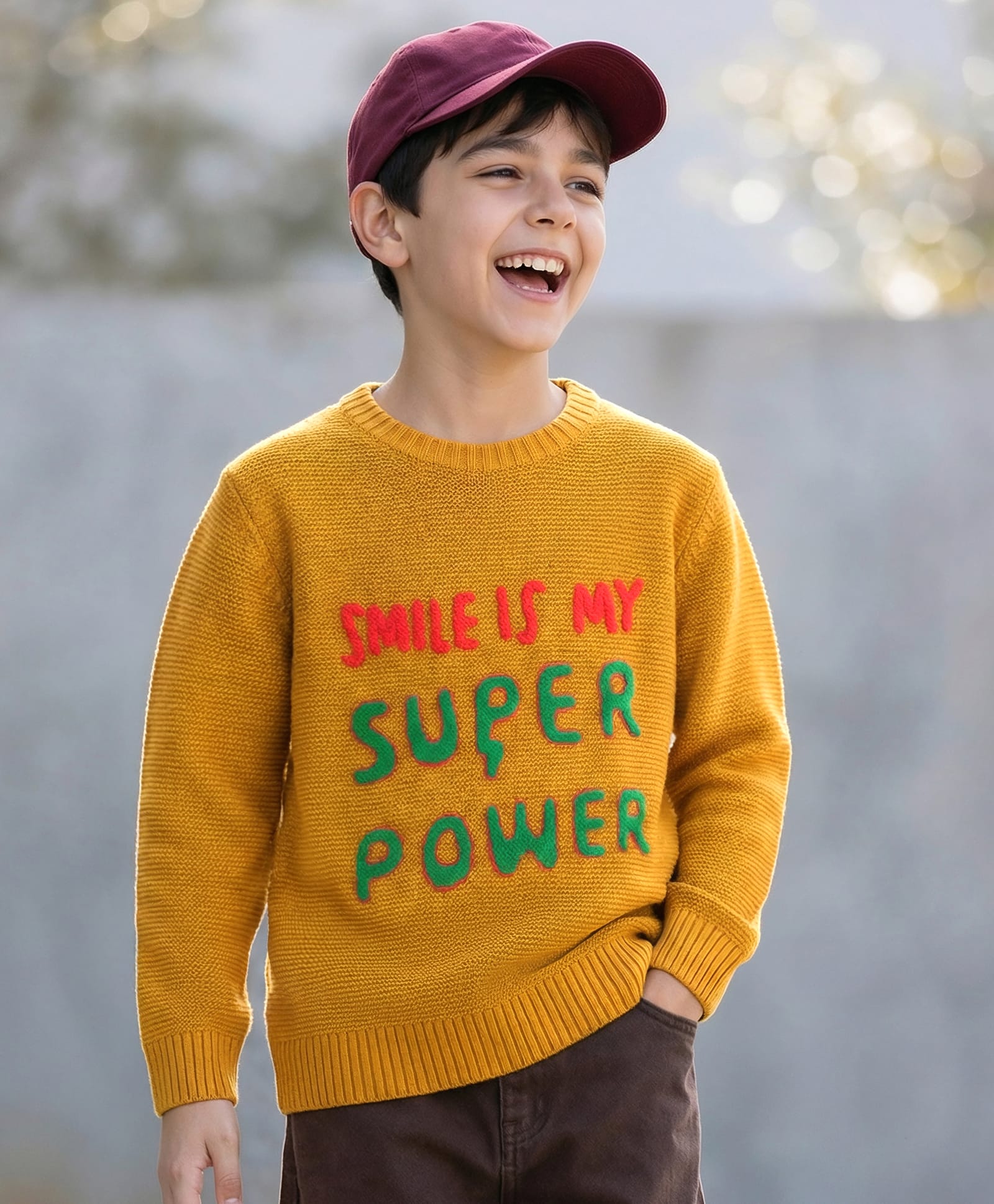 Pine Kids Knitted Full Sleeves Pullover Sweater With Text Patch - Mustard-picture-27