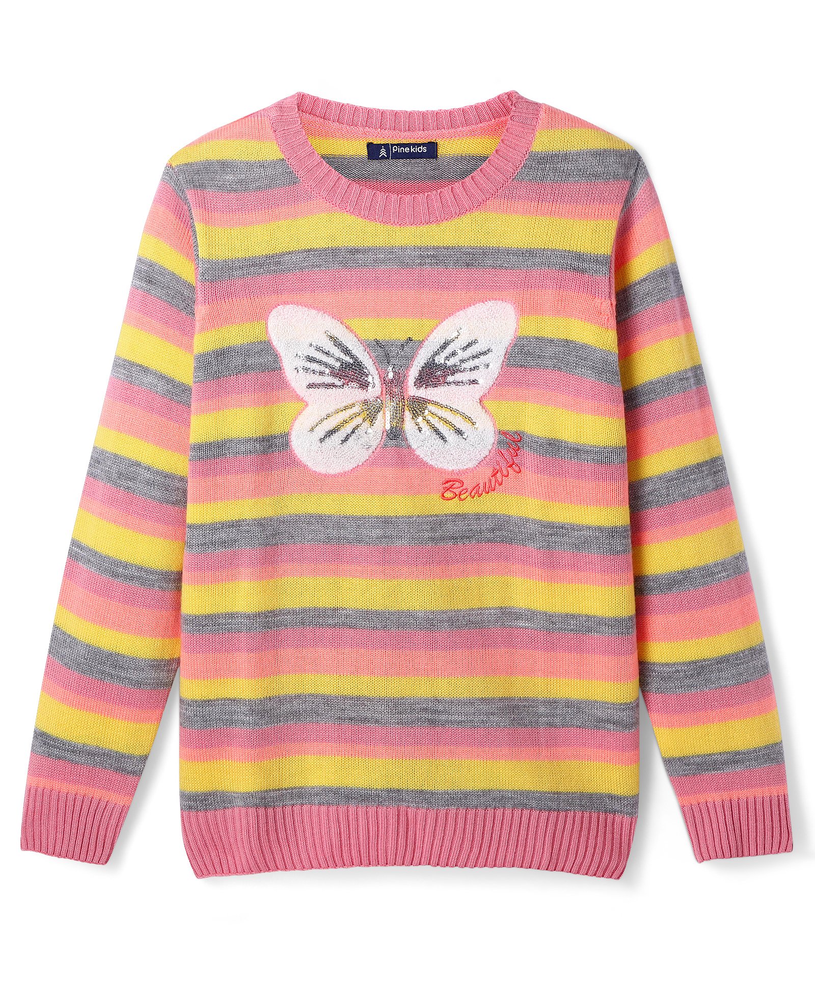 Pine Kids Knitted Full Sleeves Pullover Striped Sweater With Sequinned Butterfly Design - Yellow & Dark Pink-image-15