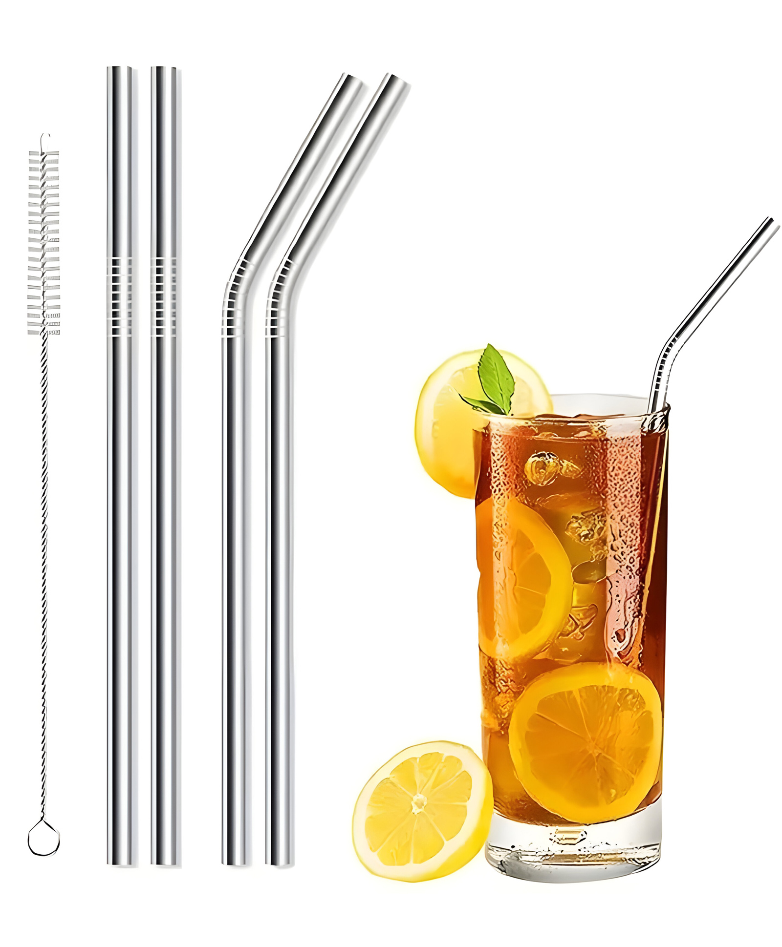 COZY VIBES Premium Stainless Steel Straws Eco-Friendly & Durable Metal Straw Set with Cleaning Brush Long Steel Straws for Drinking Juice  (2-Straight, 2-Bend, 1-Brush) - PACK OF 1 - COLOR MAY VARY-image-1