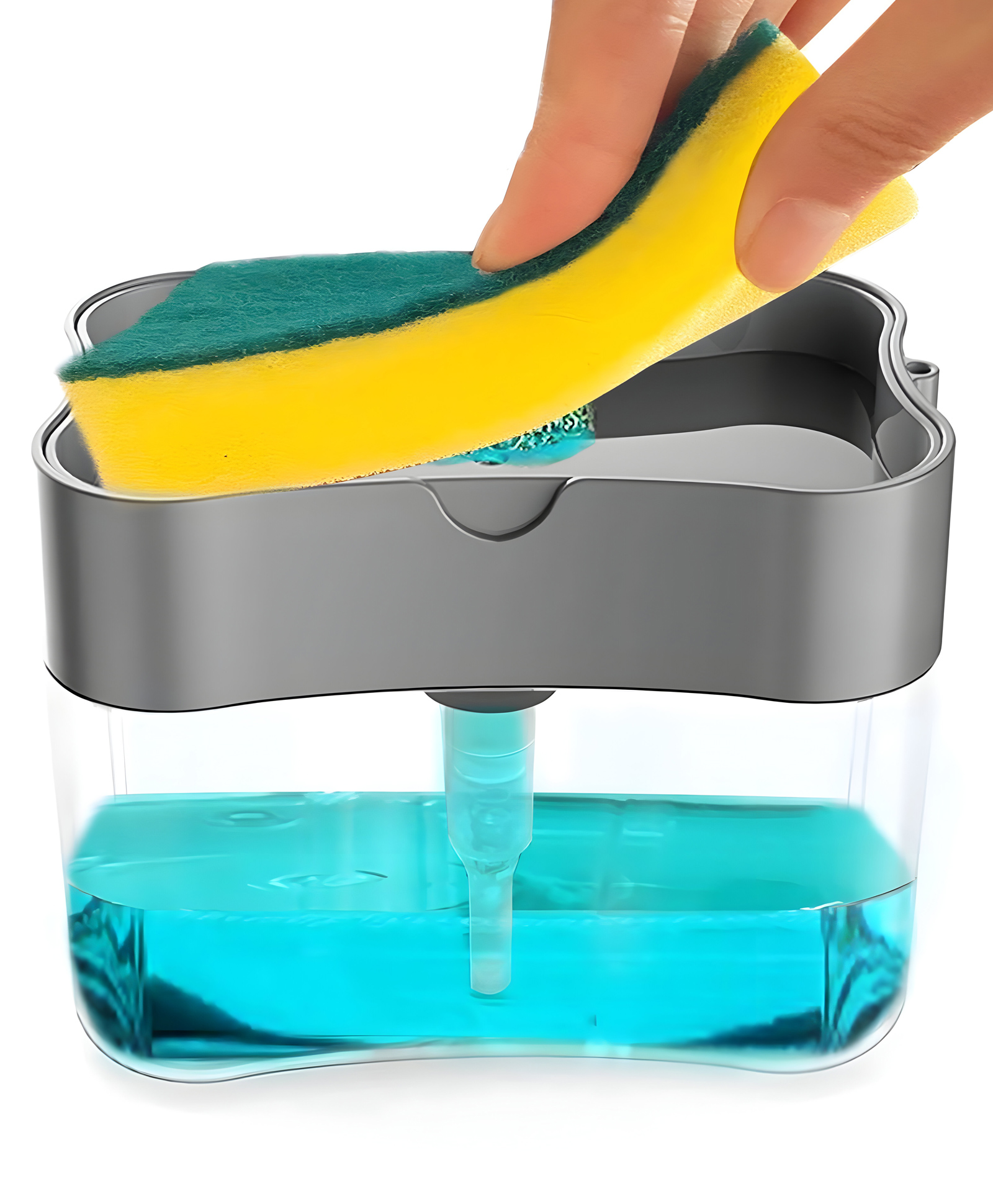 COZY VIBES 2 in 1 Soap Pump Plastic Dispenser for Dishwasher Liquid Holder Soap for Dishwasher Liquid Holder Liquid Through Pump with Sponge - Pack of 1 - Color May Vary-image-1