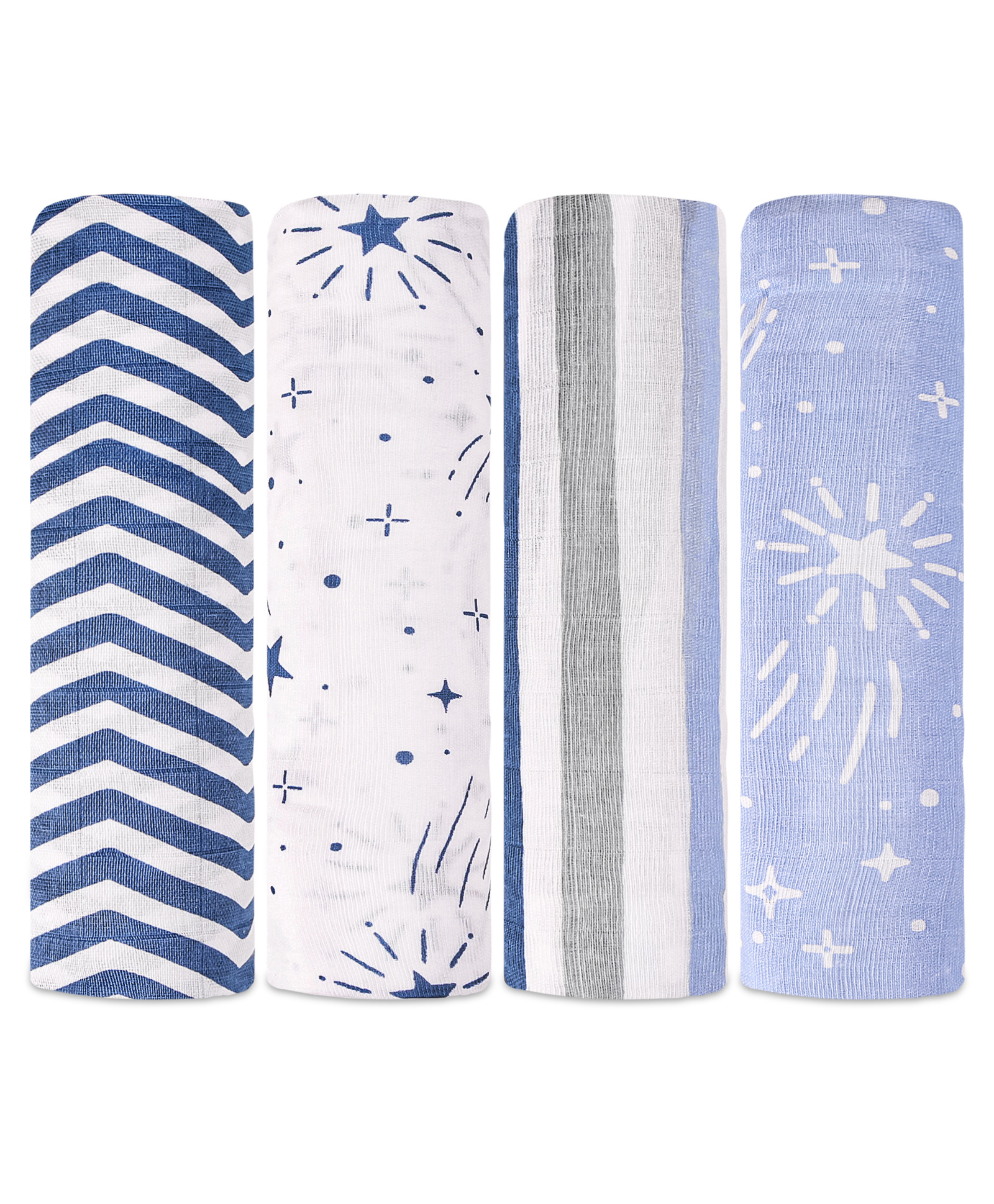 ZOE 100% Cotton Muslin Multipurpose Swaddle Wrapper with Star & Stripe Print Pack of 4 White & Blue-image-9