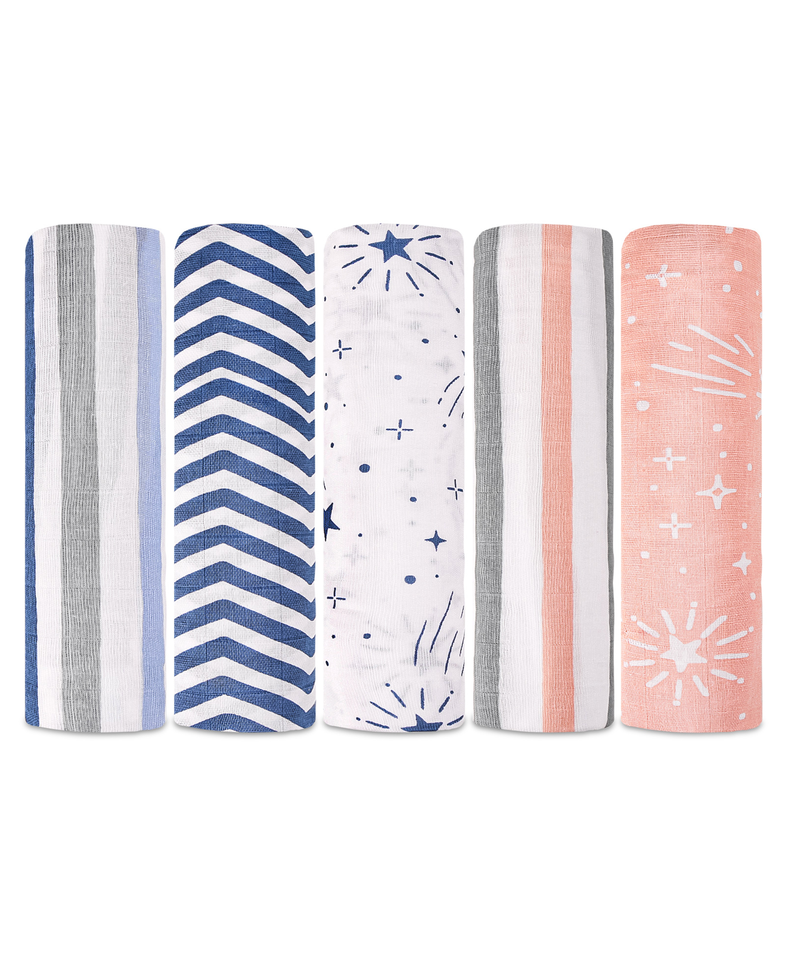 ZOE 100% Cotton Muslin Multipurpose Swaddle Wrap Pack of 5 Star & Stripe Print- White & Navy Blue-image-28