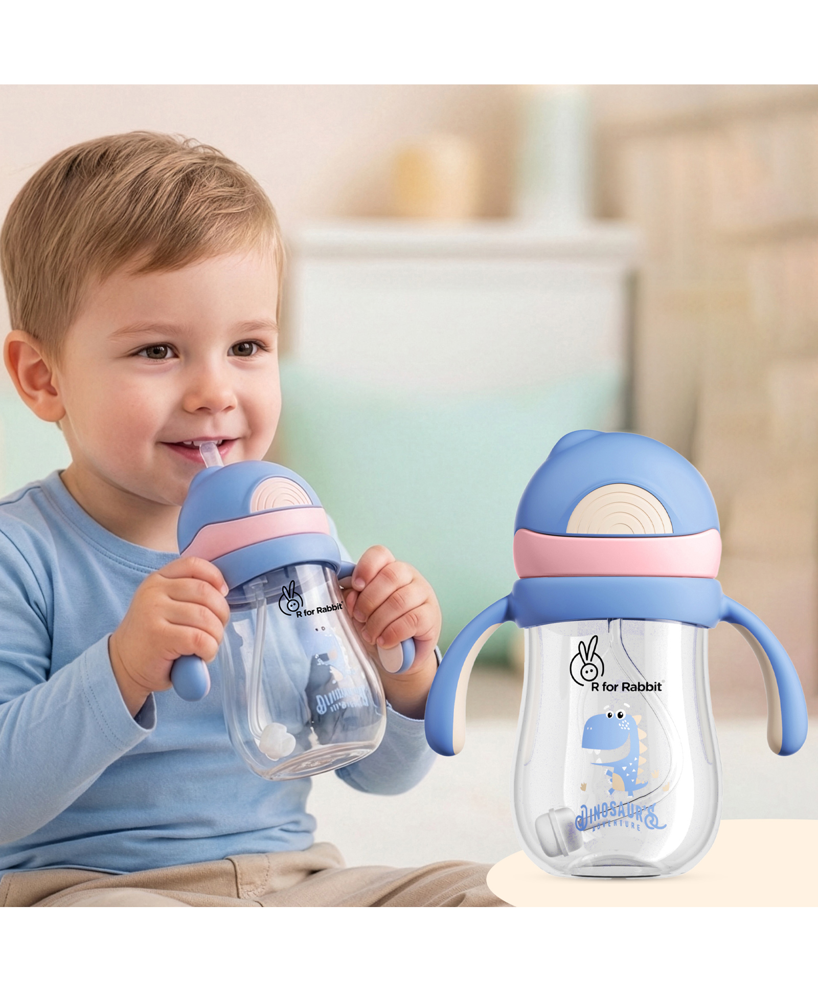 R for Rabbit Tritan  Straw Sipper Bottle with Dino Print  Yellow & Blue- 320 ml
