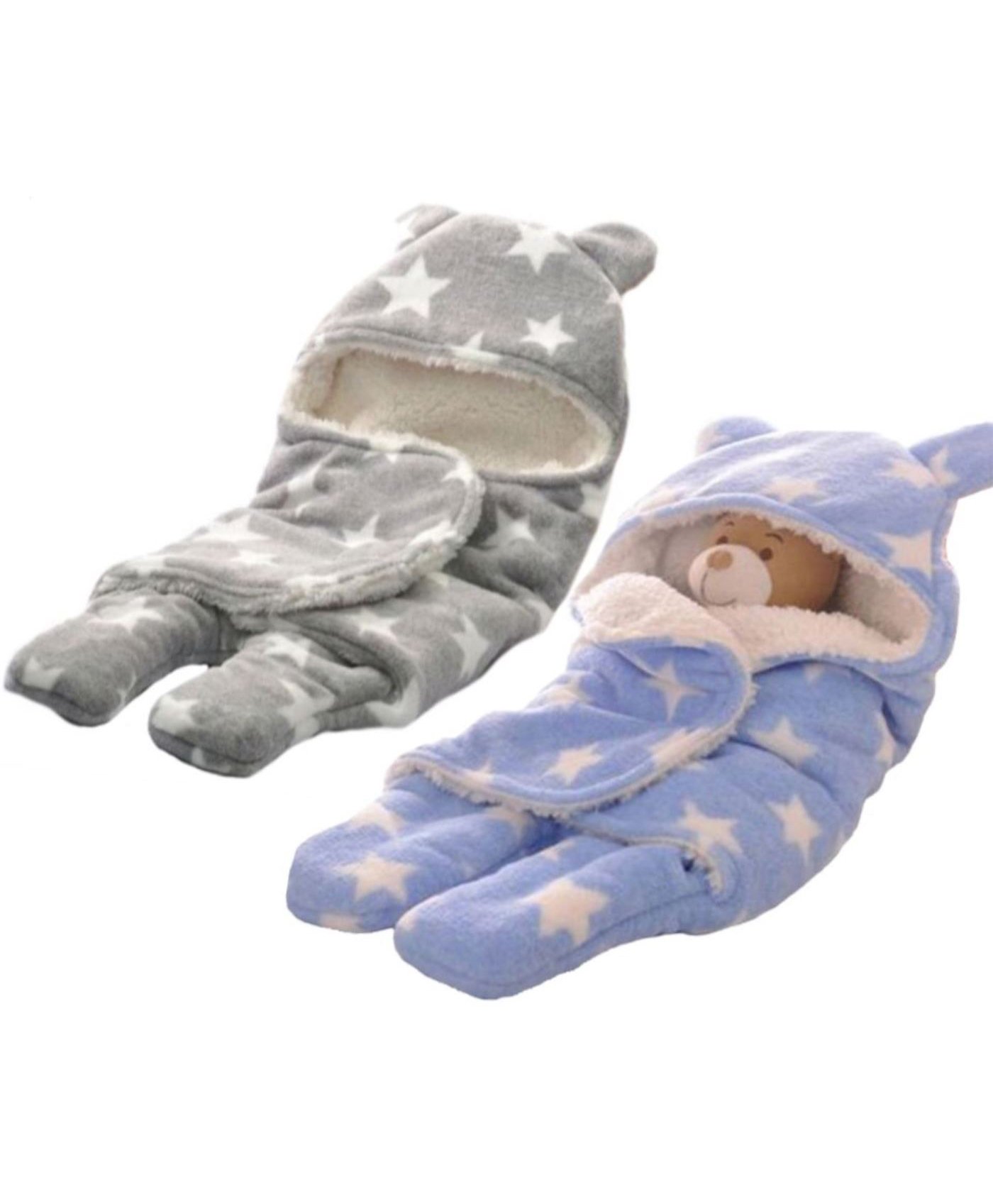 Brandonn Hooded Flannel Wearable Blanket Cum Wrapper Star Print Pack of 2 - Blue & Grey-picture-28