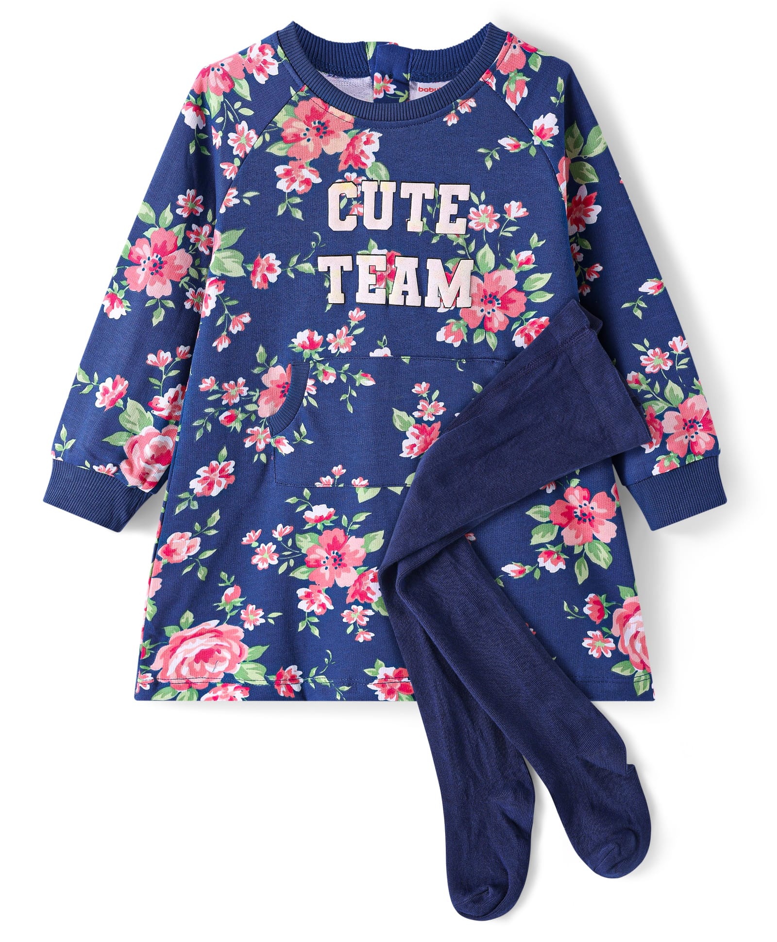 Babyhug Cotton Knit Full Raglan Sleeves Frock With Floral Print & Stockings - Blue-picture-14
