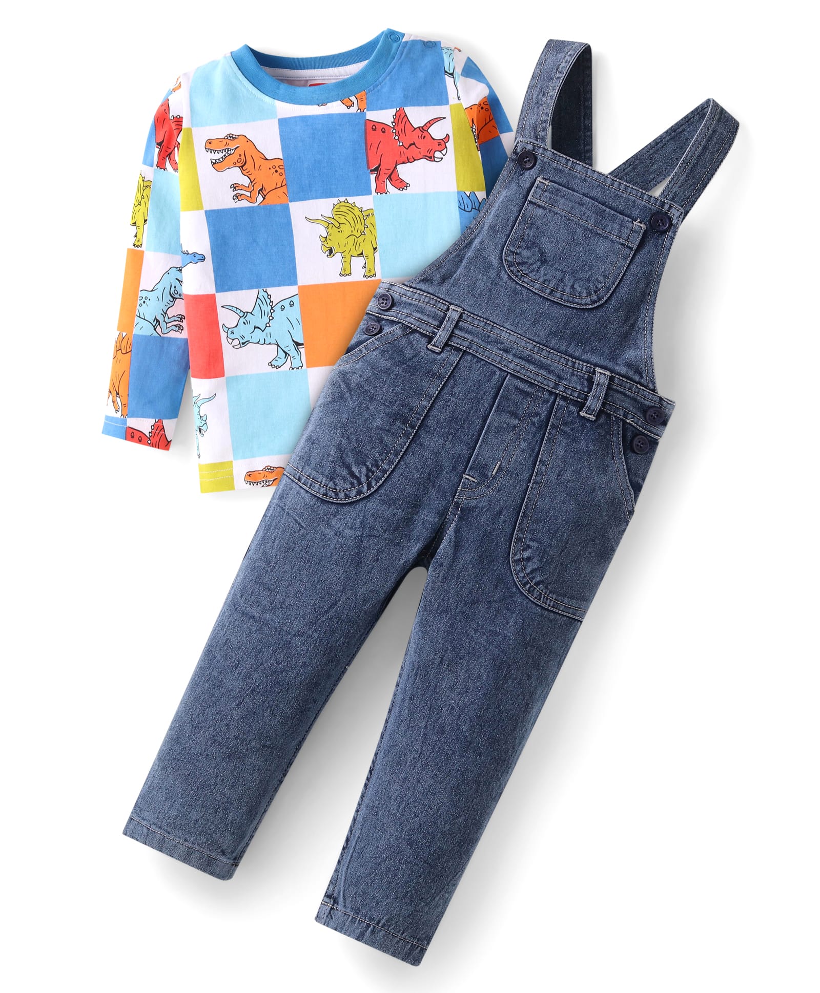 Babyhug Single Jersey Knit Full Sleeves Dino Printed T-Shirt & Dungaree - Light Blue-picture-26