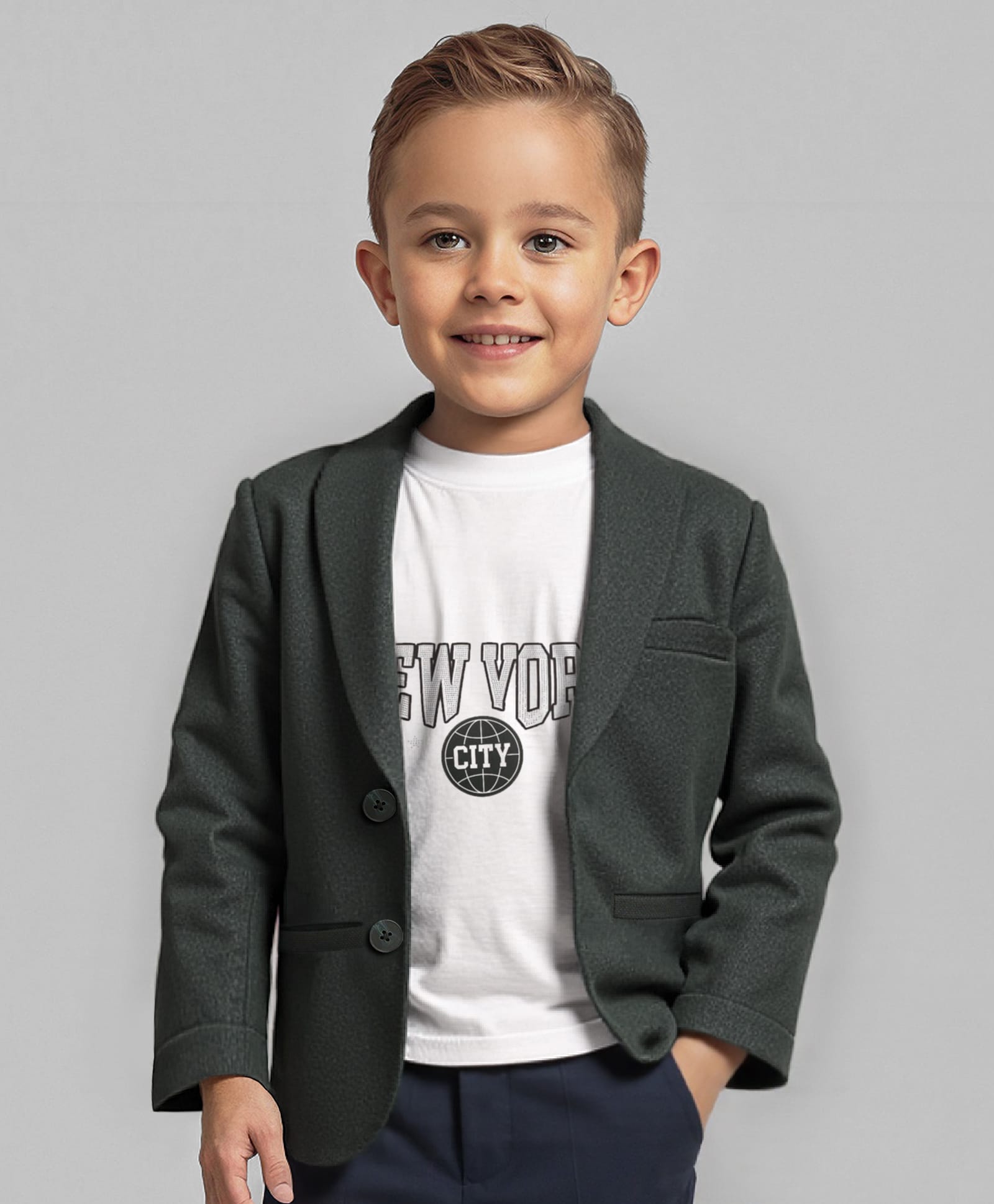 Babyhug Woven Full Sleeves Solid Colour Blazer & Text Printed T-Shirt - Olive Green-image-43
