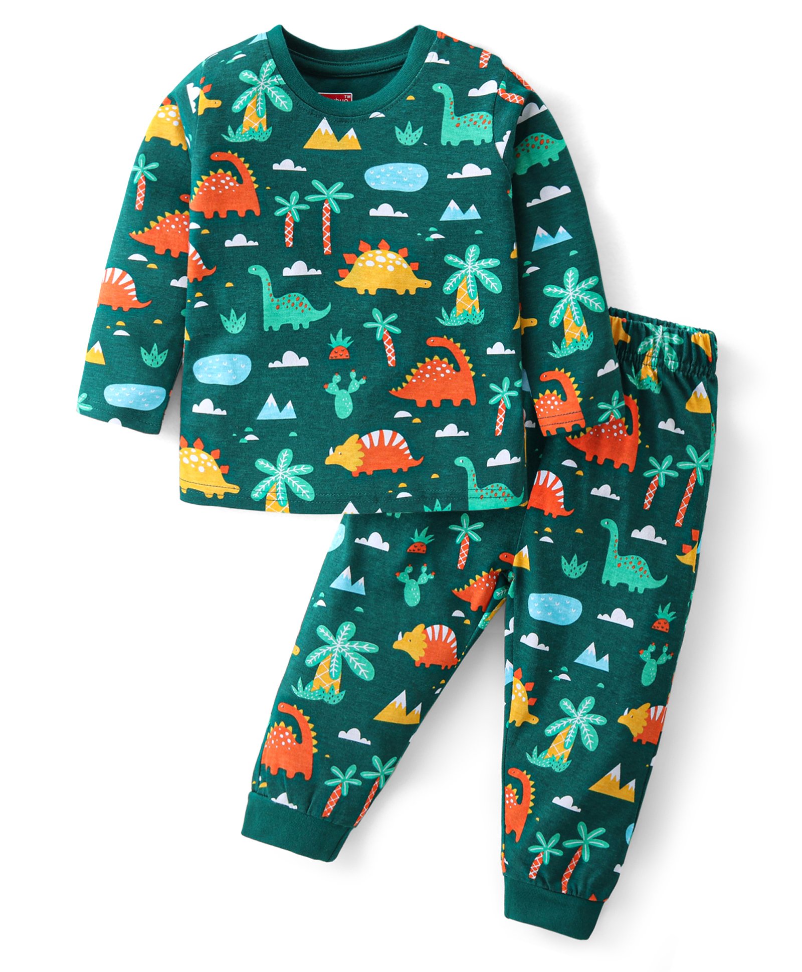 Babyhug Cotton Knit  Full Sleeves  Night Suit with Dino Print - Dark Green-image-27