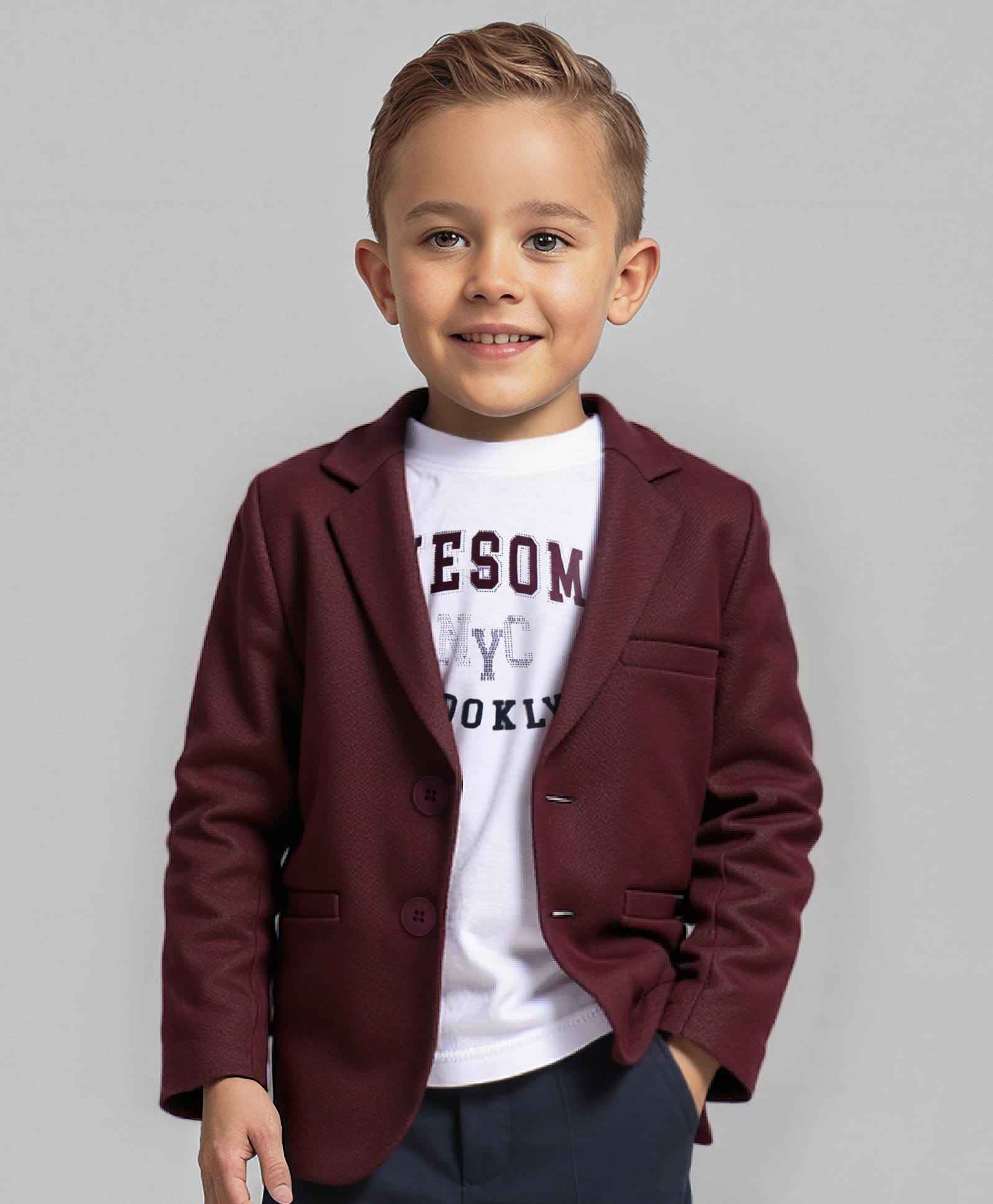 Babyhug Woven Full Sleeves Blazer & T-Shirt with Attached Text Print - Maroon-image-19