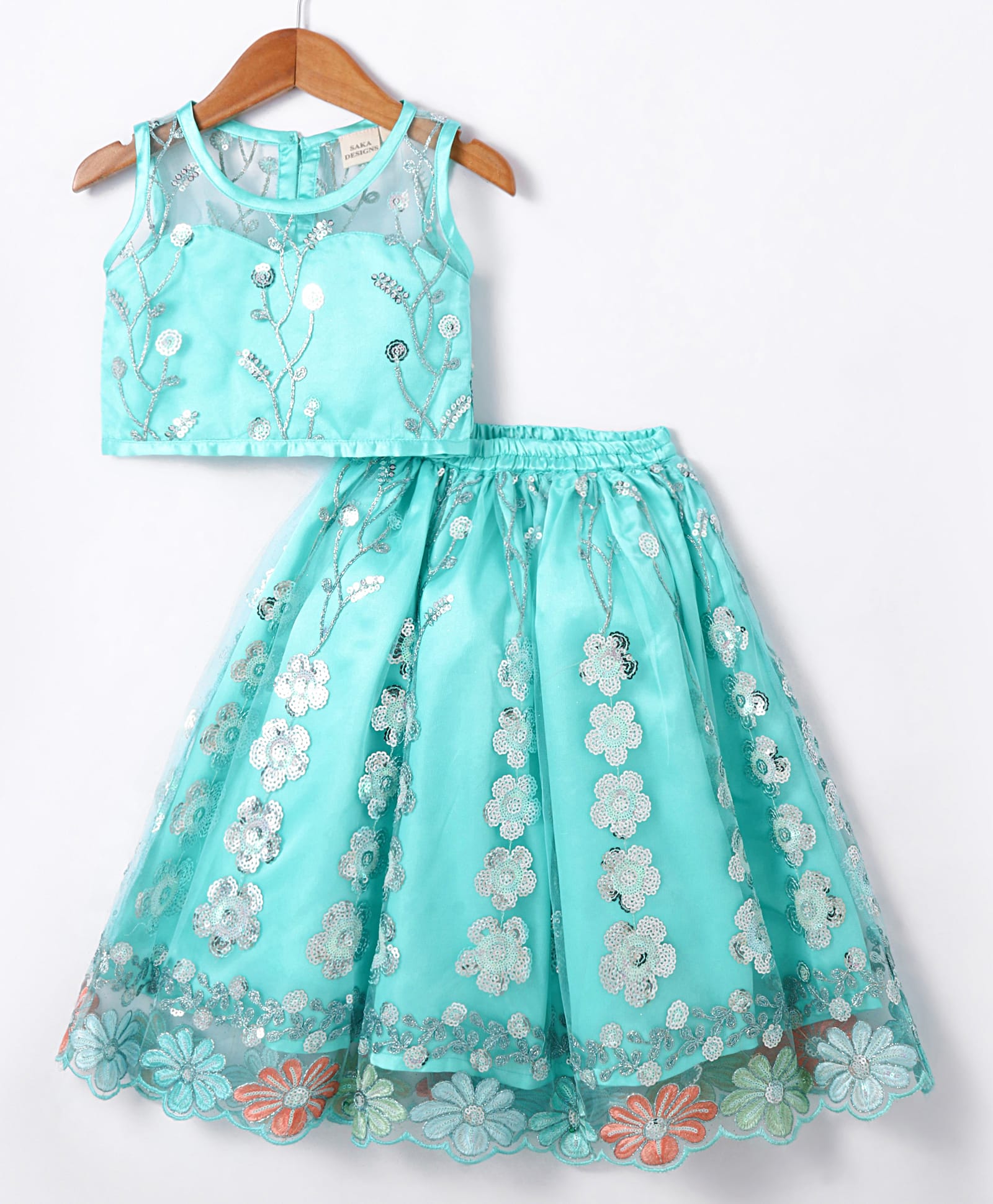 Saka Designs Satin Sleeveless Choli Lehenga Set with Floral Sequin Embroidery - Aqua Blue-image-15