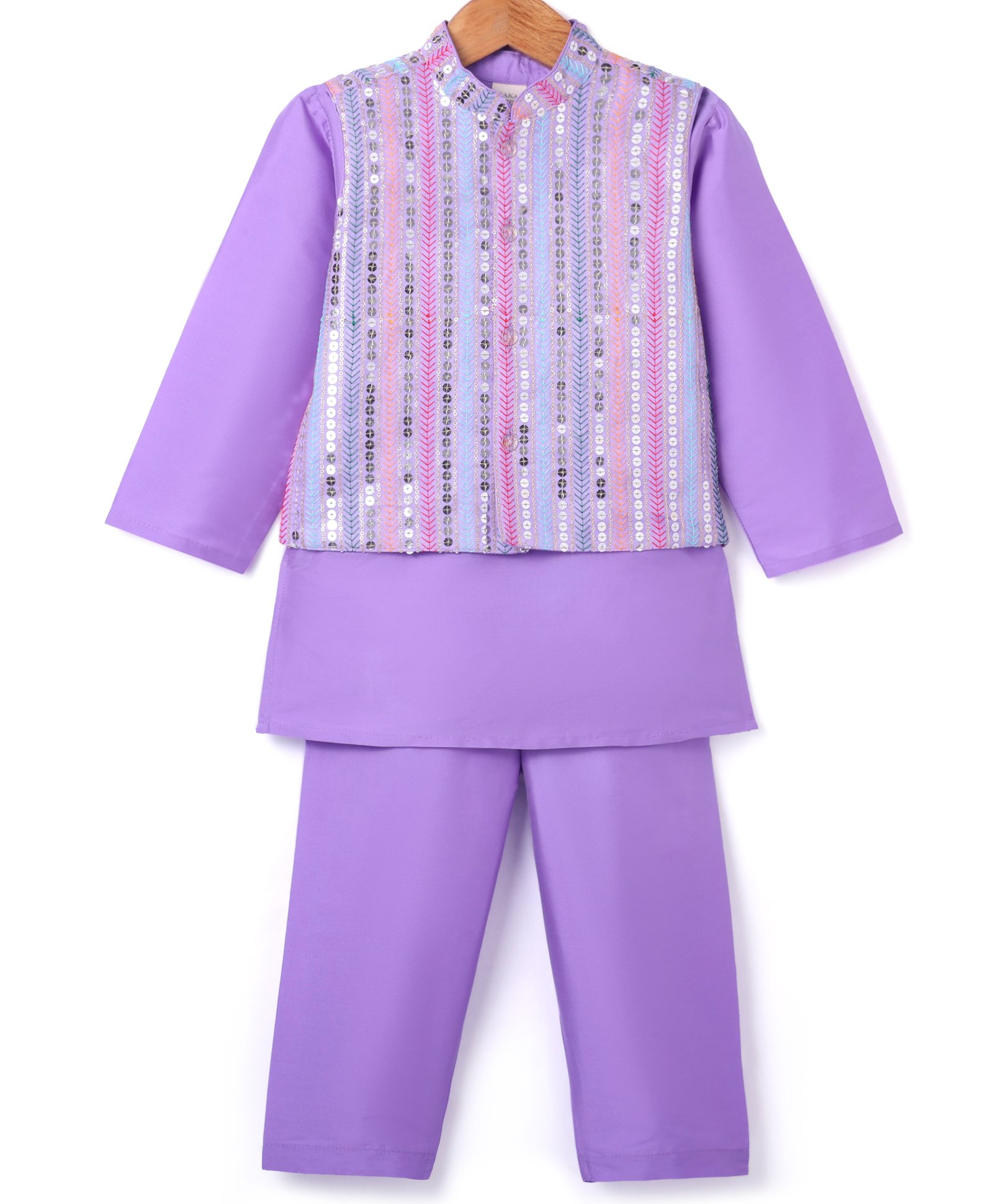 Saka Designs Taffeta Woven Full Sleeves Solid Colour Kurta Pyjama Set with Sequinned Nehru Jacket - Mauve-image-46