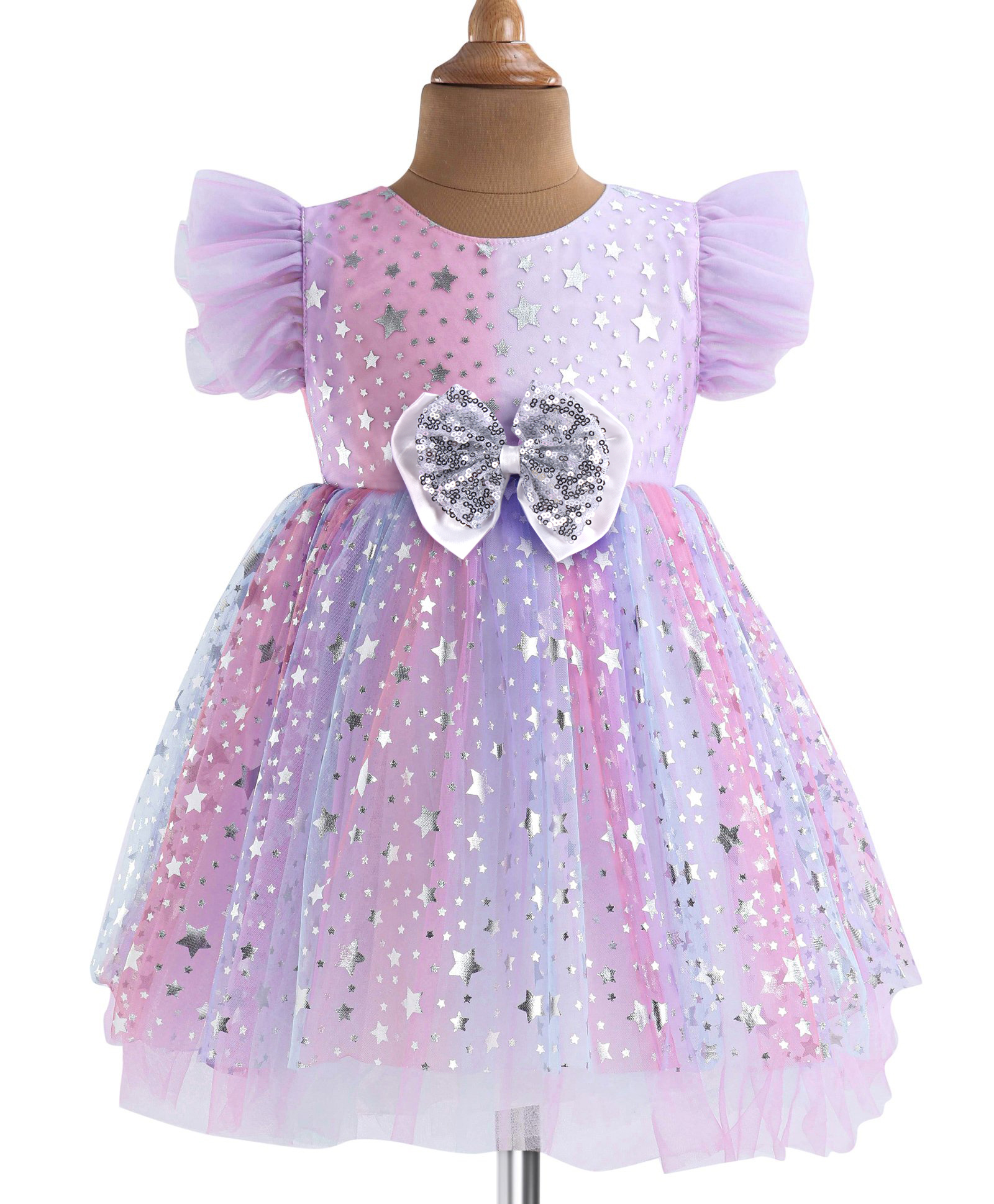 Babyhug Woven Frill Sleeves Fit & Flared Party Frock with Foil Stars Print & Bow Applique - Lilac-picture-28