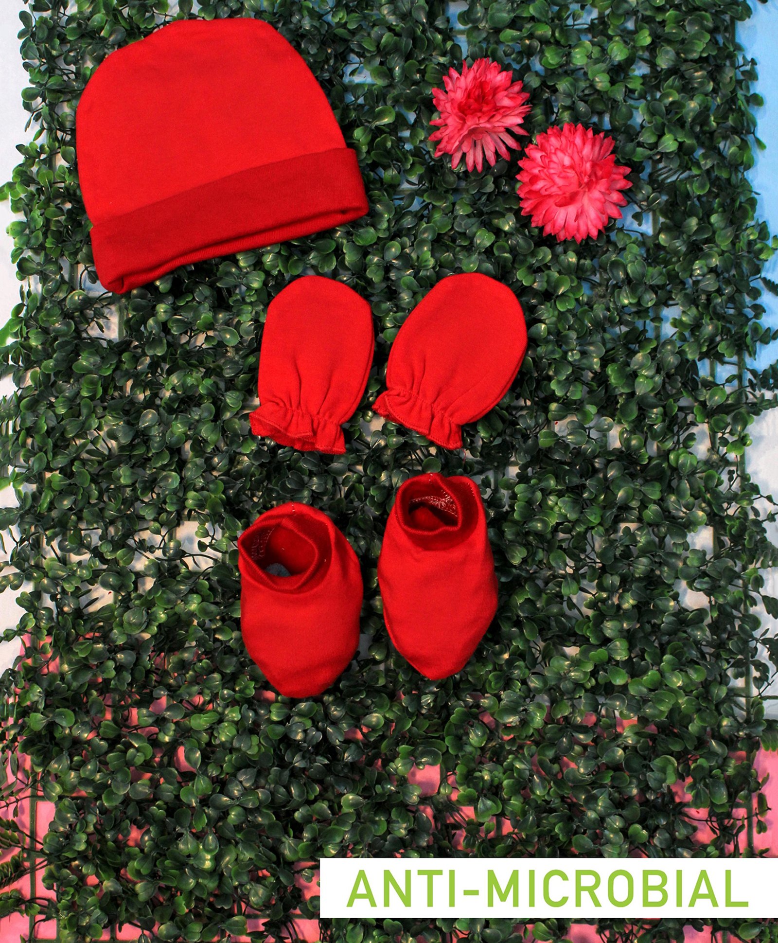 COCOON ORGANICS Cotton Anti Microbial Solid Cap Mitten & Booties Set - Red-image-6