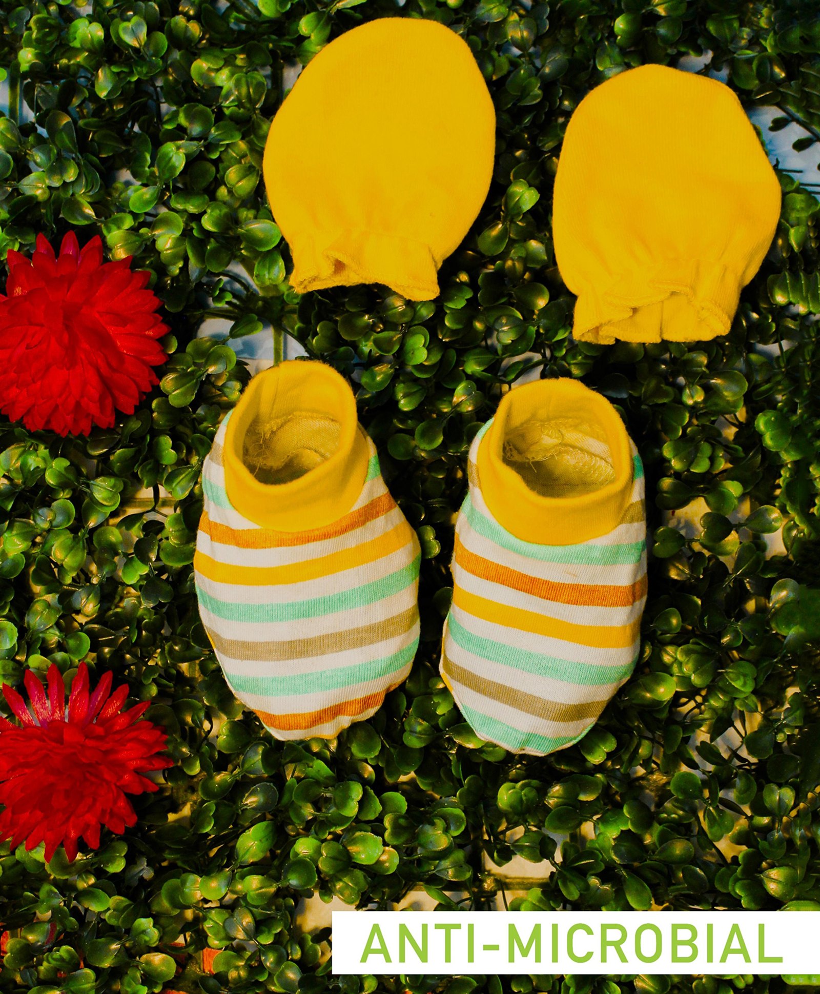 COCOON ORGANICS Cotton Anti Microbial Striped Mitten & Booties Set - Multi Colour-image-9