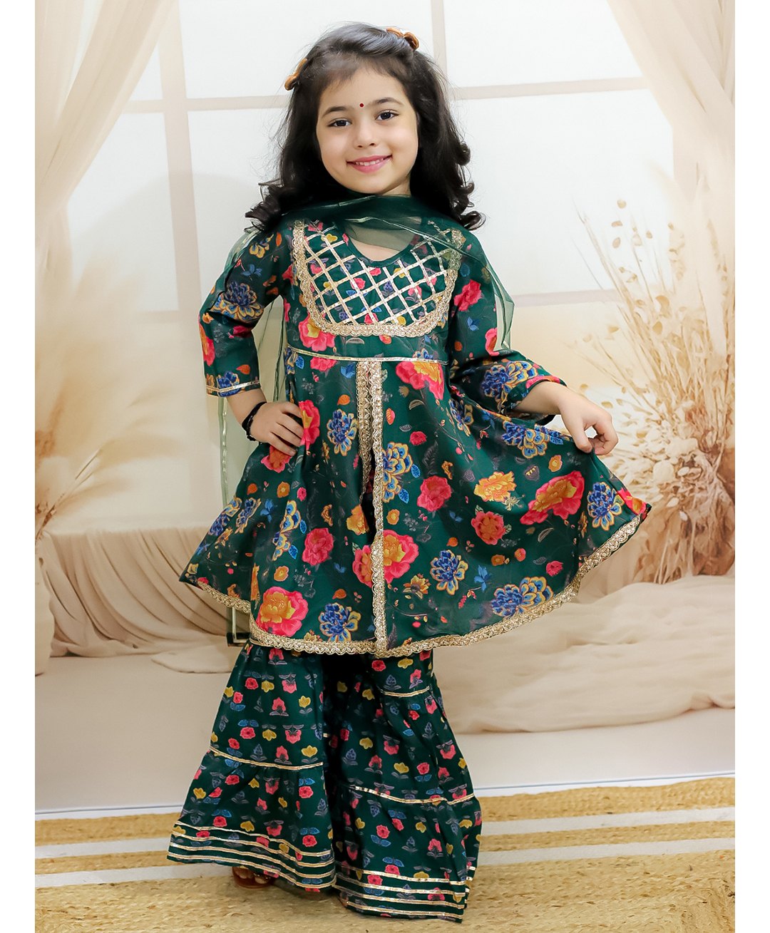 BownBee Pure Cotton Three Fourth Sleeves Floral Printed Kurta with Coordinating Sharara & Solid Dupatta - Green-image-31