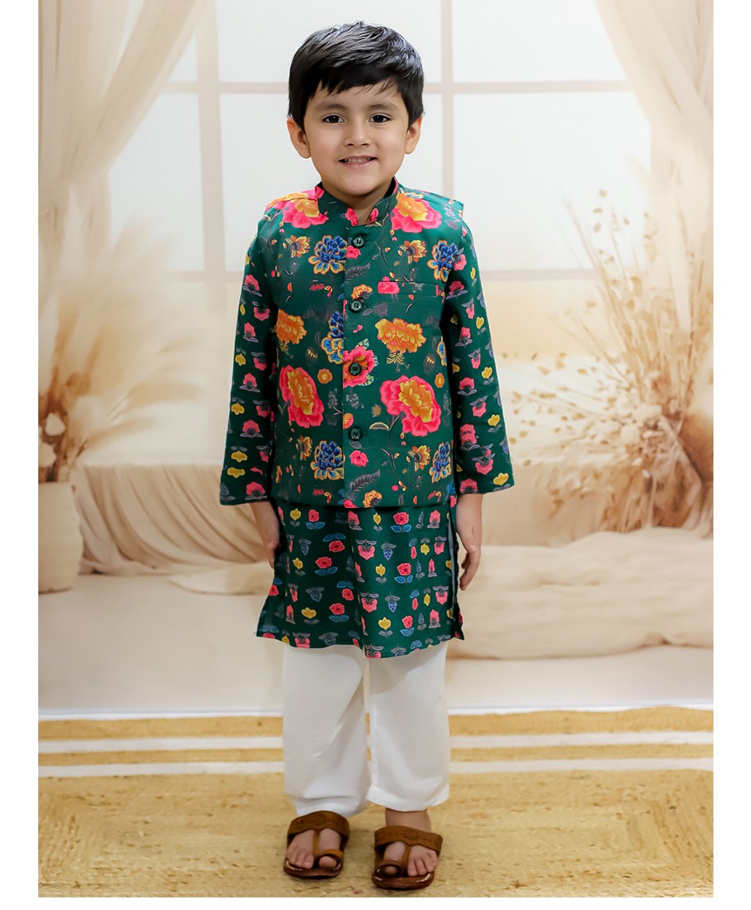 BownBee Pure Cotton Full Sleeves Floral Printed Kurta With Coordinating Jacket & Solid Pyjama - Green & White-picture-19