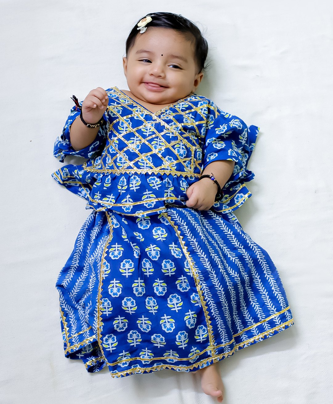 BownBee Pure Cotton Half Sleeves Floral Printed & Lace Embellished Lehenga Choli Set - Indigo-image-18