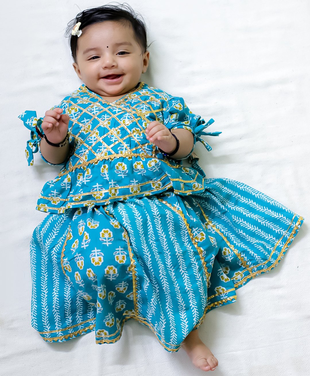 BownBee Pure Cotton Half Sleeves Floral Printed & Lace Embellished Lehenga Choli Set - Blue-image-27