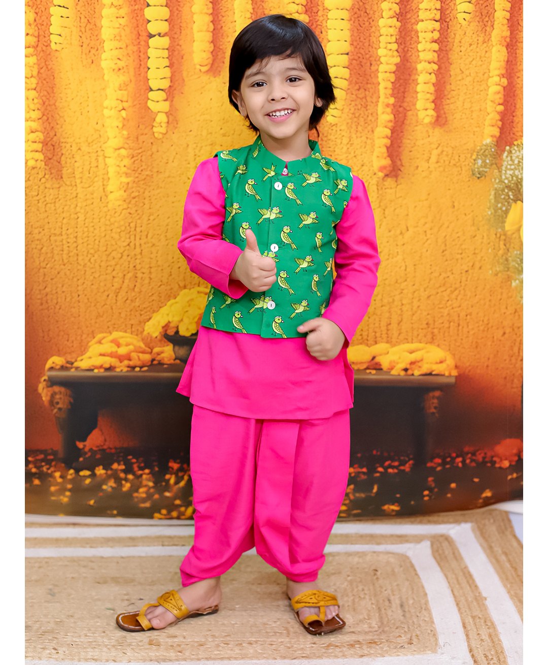 BownBee Pure Cotton Full Sleeves Solid Kurta Dhoti With Parrot Printed Jacket - Green-picture-25