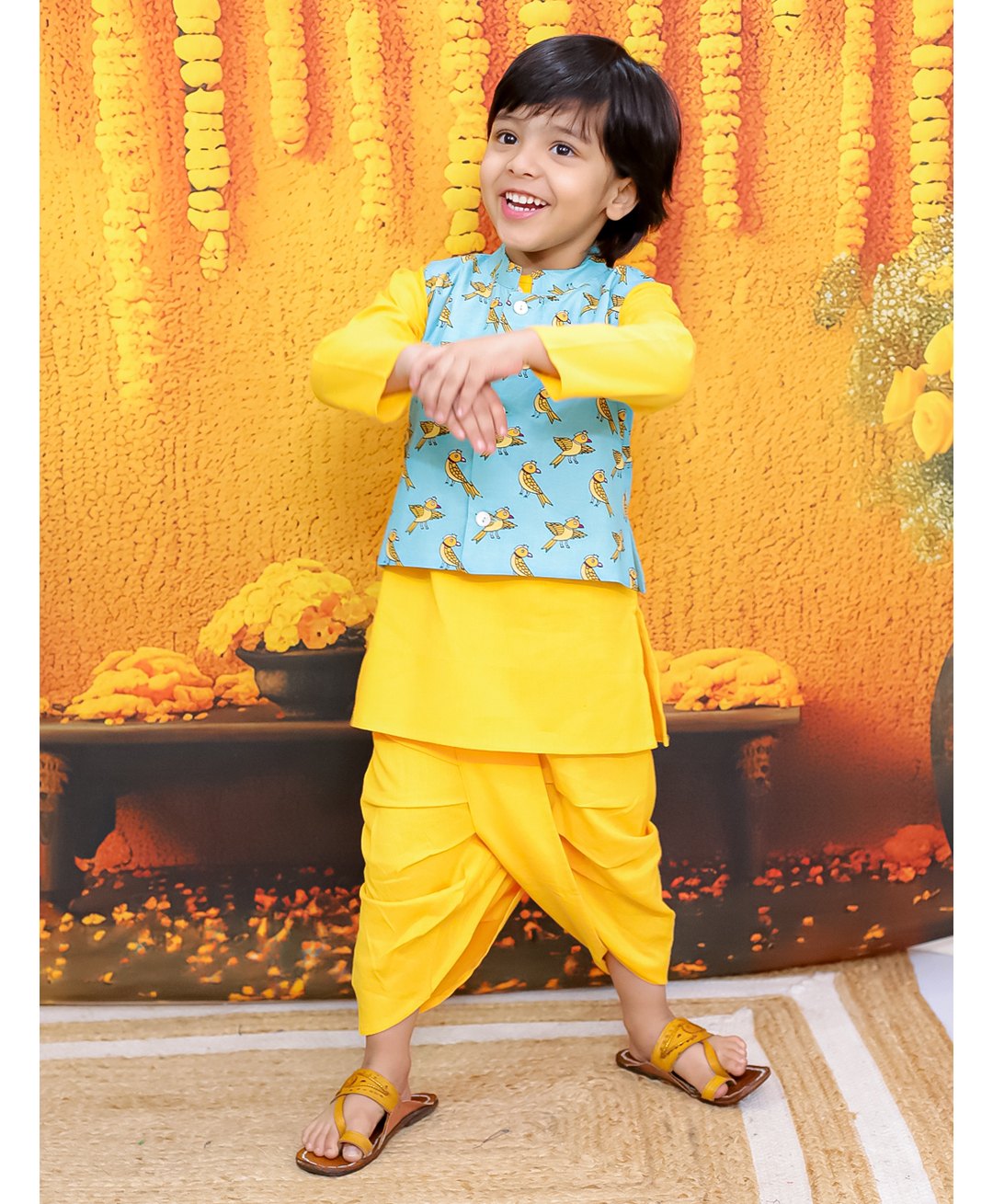 BownBee Pure Cotton Full Sleeves Solid Kurta & Dhoti With Birds Printed Jacket - Blue-picture-14