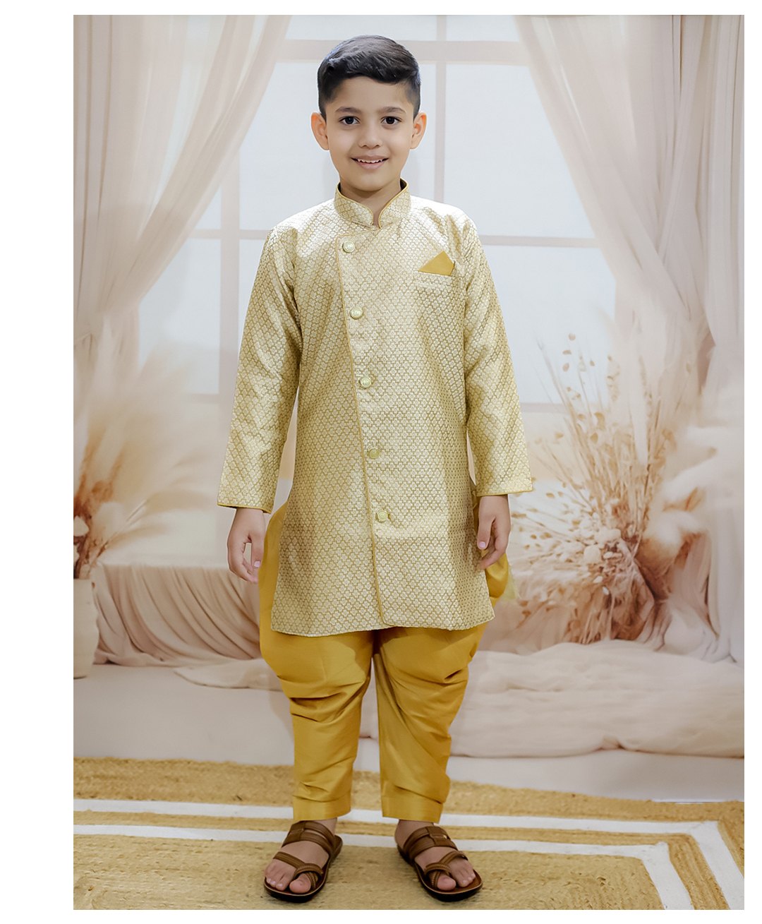 BownBee Full Sleeves Foil Printed Sherwani With Salwar - Off White-picture-25