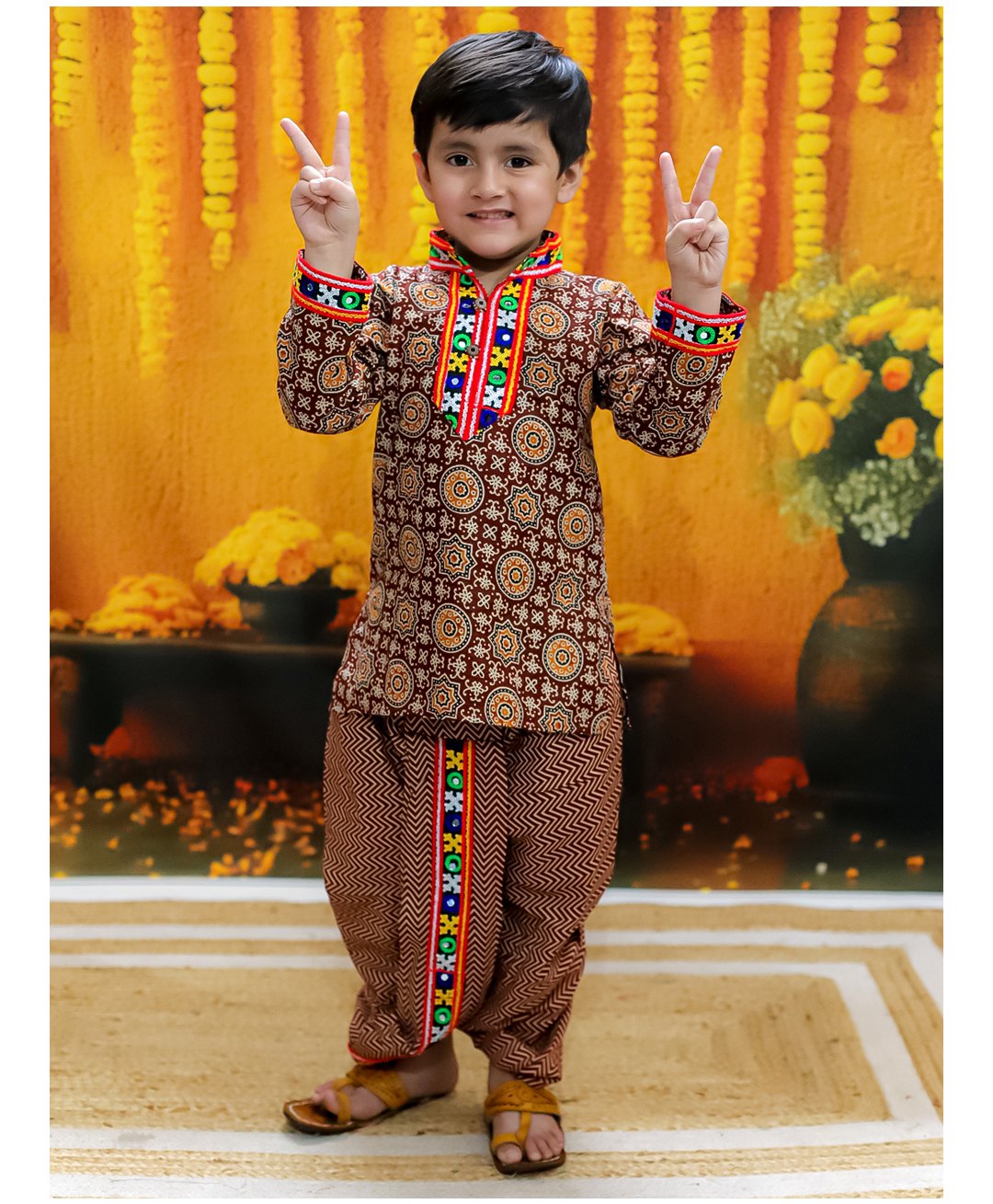BownBee Navratri Theme Cotton Full Sleeves Ethnic Motifs Printed & Embroidered Kurta Dhoti Set - Maroon-image-41