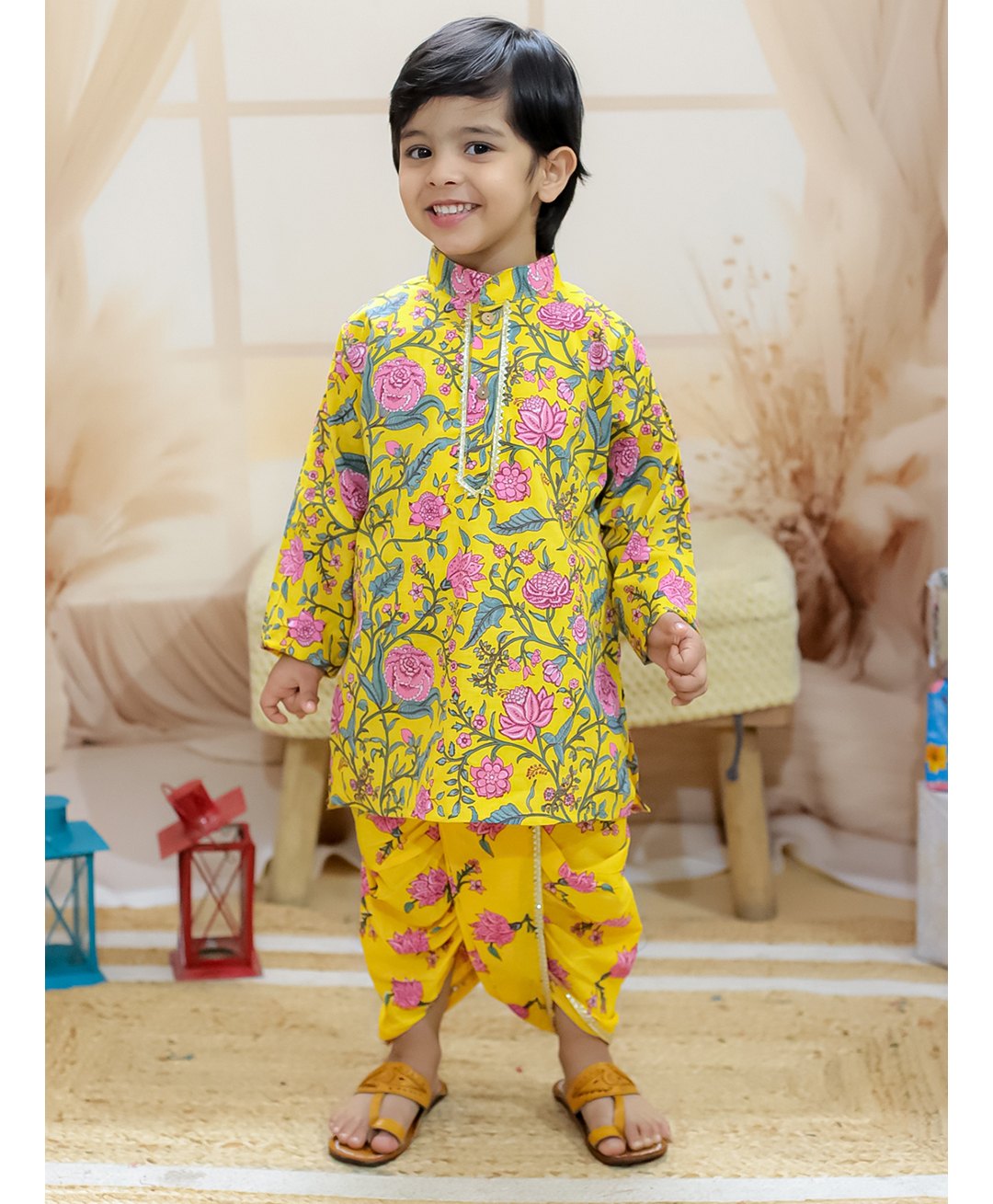BownBee Pure Cotton Full Sleeves Navratri Theme Floral Printed & Lace Embellished Kurta Dhoti - Yellow-picture-15