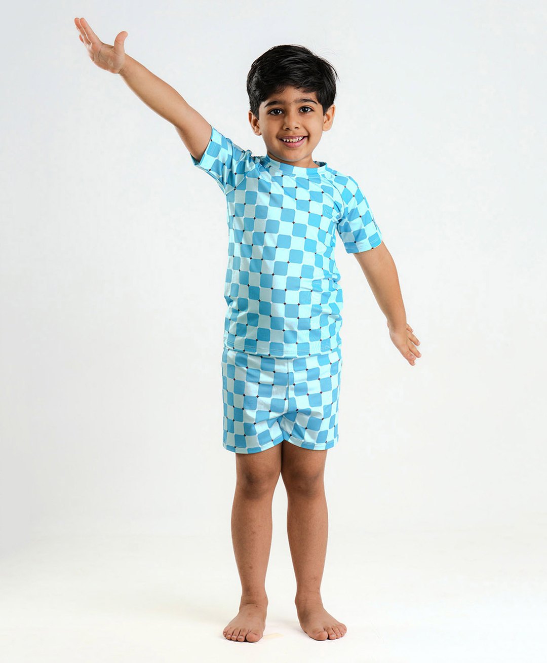 Somersault Half Sleeves Checked Two Piece Swimsuit - Blue-image-37