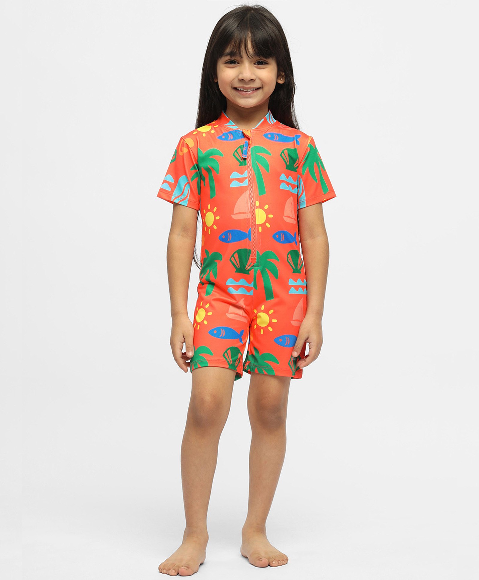 Somersault Half Sleeves Beach Theme Printed Legged Swimsuit - Orange-picture-19