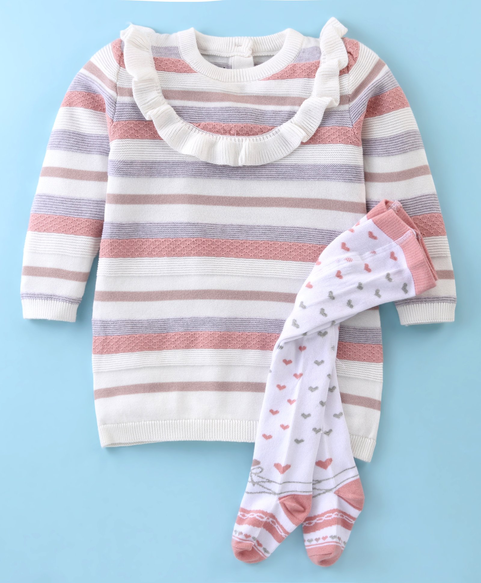 ToffyHouse 100% Sweater Knit Cotton Full Sleeves Striped Winter Wear Set With Stockings - Off White-image-47