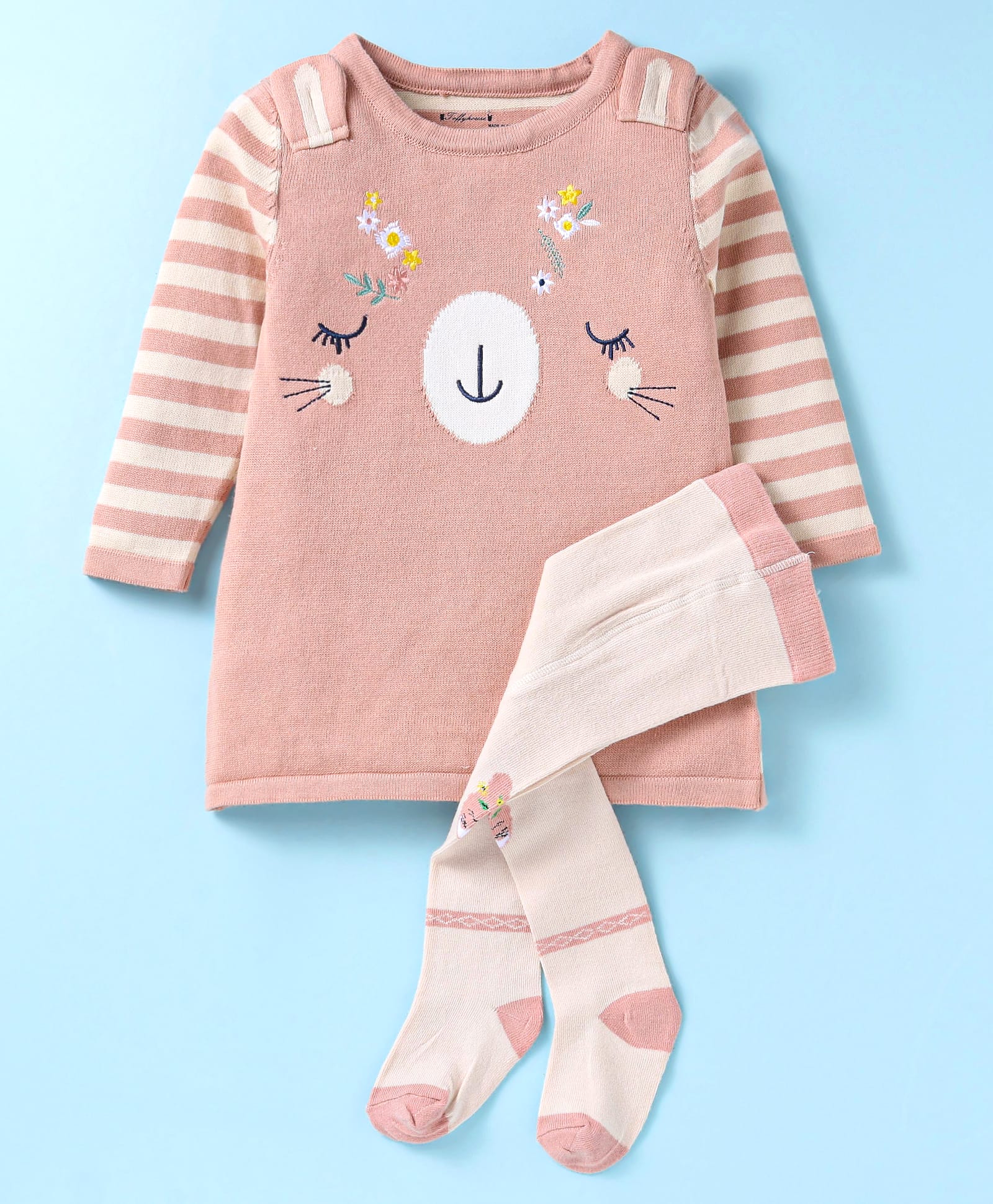 ToffyHouse 100% Cotton Knit Full Sleeves Striped Winter Wear Top & Stockings with Deer Design - Dark Peach-image-19