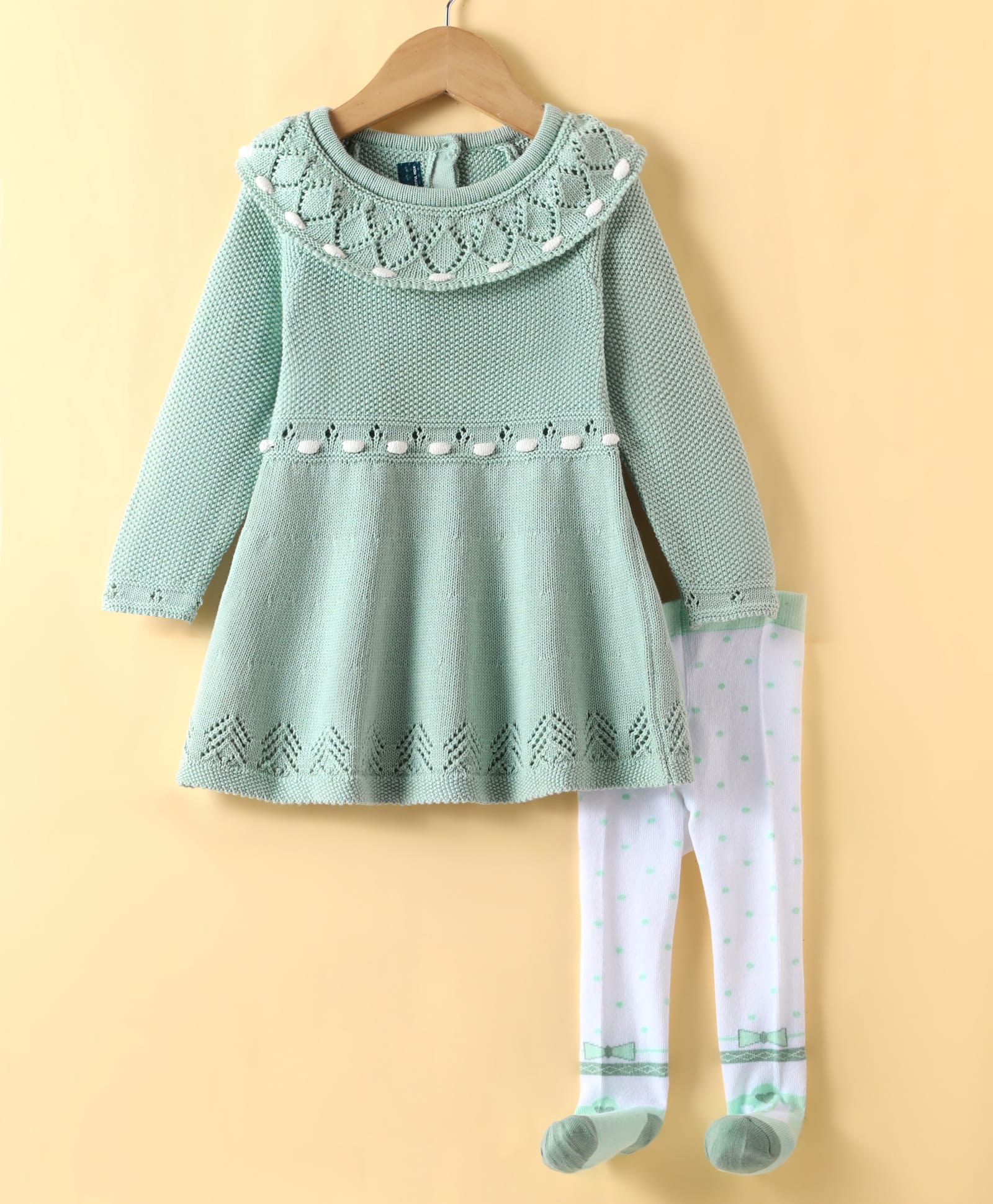 ToffyHouse Cotton Knit Full Sleeves Sweater Dress With Schiffli Detailing & Stockings - Teal-picture-10