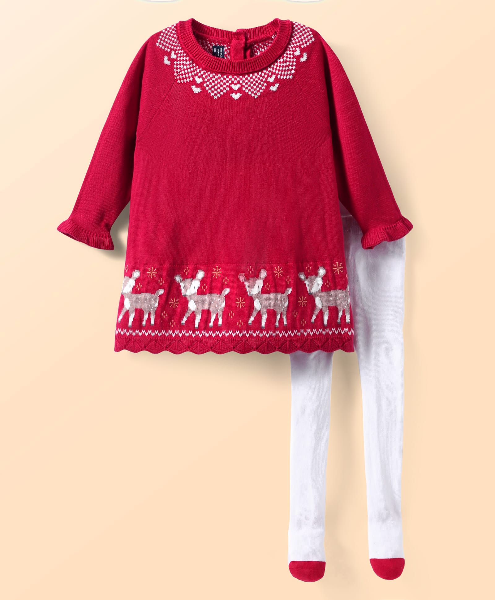 ToffyHouse Cotton Knit Full Sleeves Winter Frock With Deer Design & Stockings - Red-picture-17