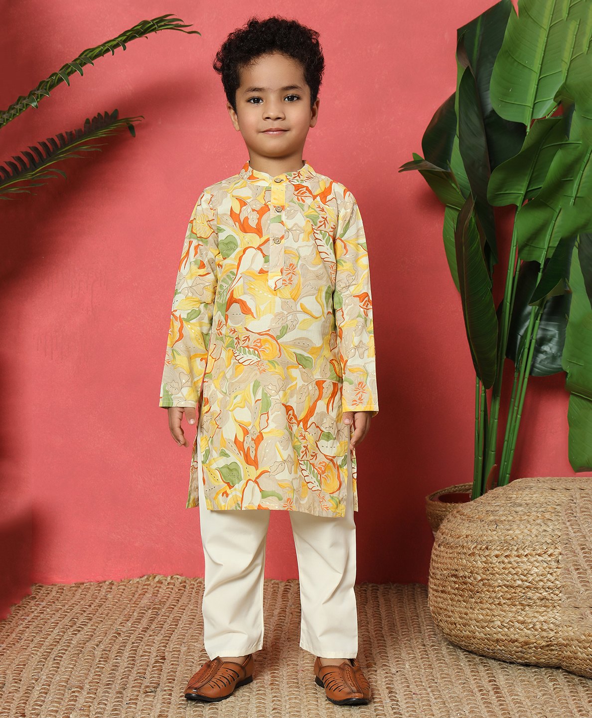READIPRINT Cotton Full Sleeves Floral Printed Kurta & Pyjama Set - Yellow-image-16