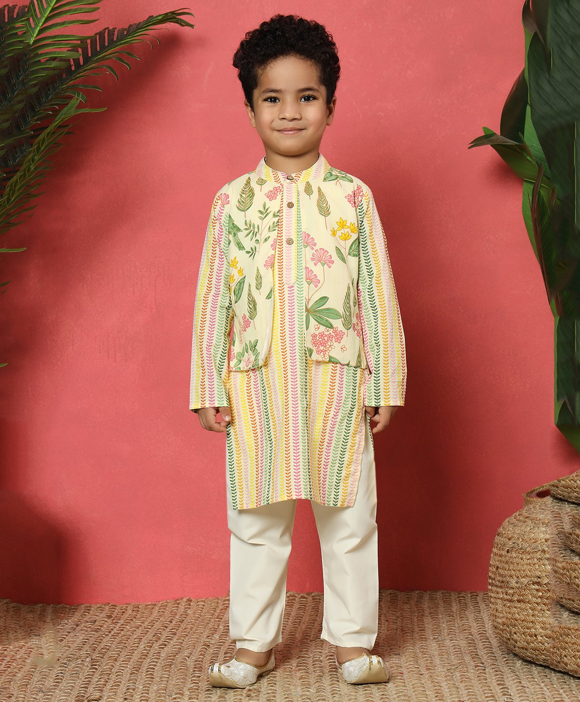 READIPRINT Full Sleeves Leaves Printed Kurta With Solid Pyjama Set - Cream-picture-17
